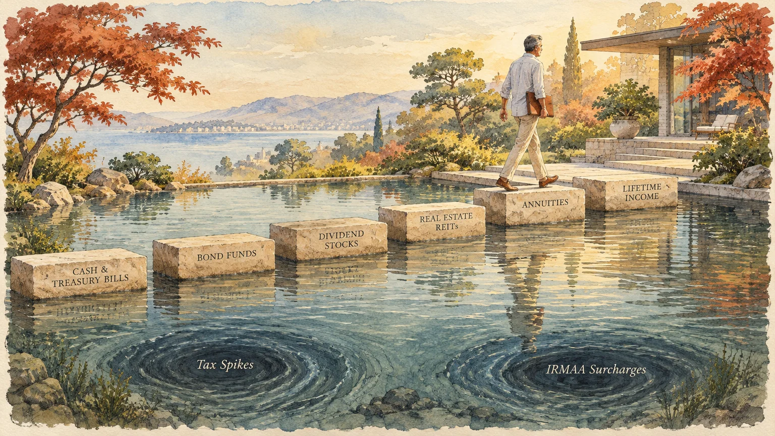 A man walks across stepping stones labeled with asset classes over water containing whirlpool hazards.