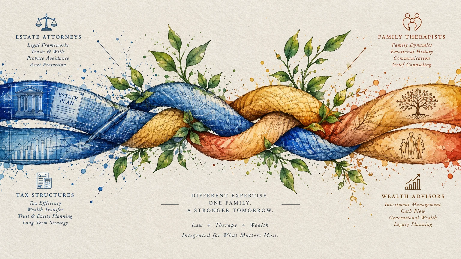 Braided ropes intertwine blueprint estate planning graphics with warm family therapy and wealth advisory illustrations.