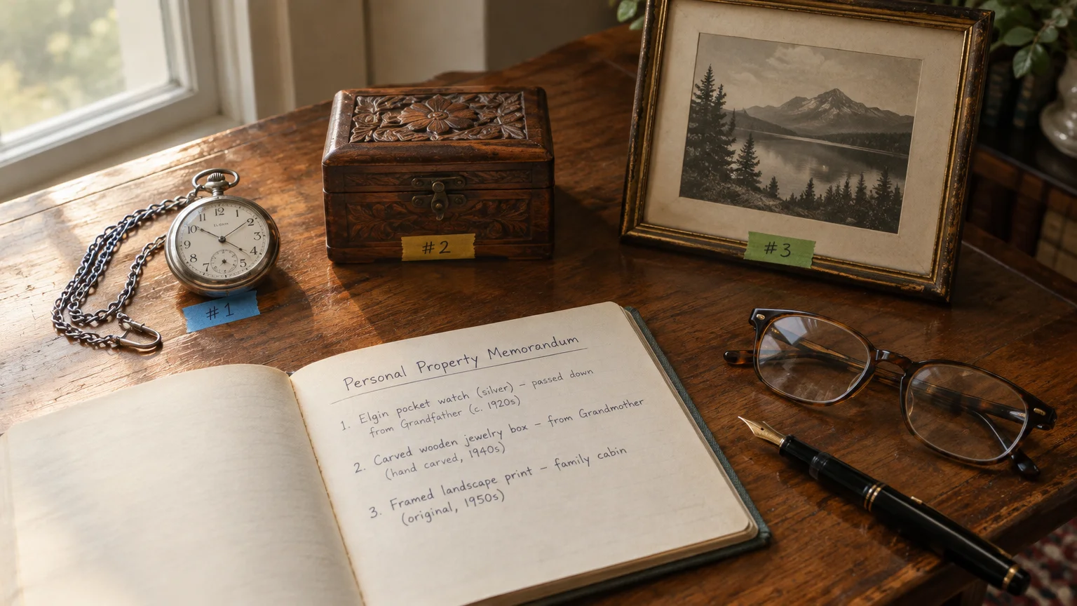 A notebook titled Personal Property Memorandum beside a pocket watch, wooden box, framed photo, pen, and glasses on a desk.
