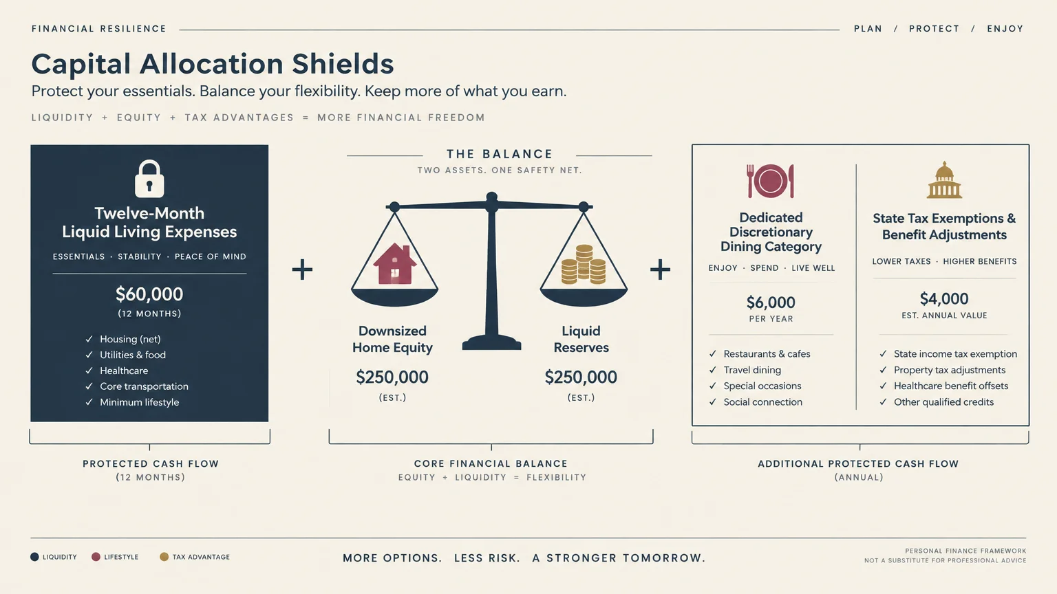 Diagram outlining capital allocation shields with cash flow, balanced home equity and liquid reserves, and tax exemptions.
