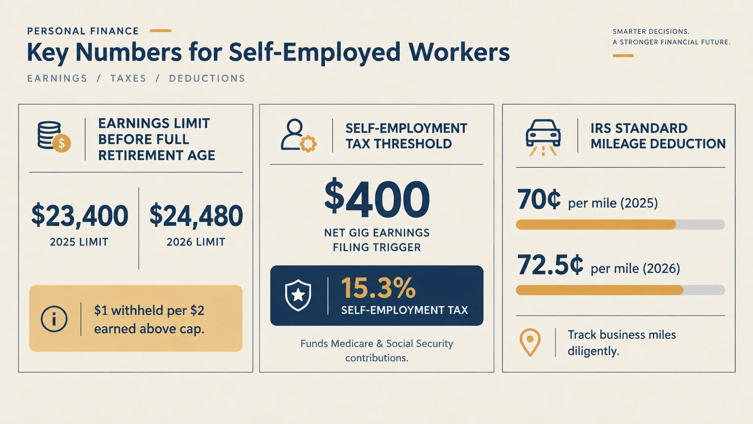 Infographic showing earnings limits before Full Retirement Age, self-employment tax thresholds, and mileage deductions.