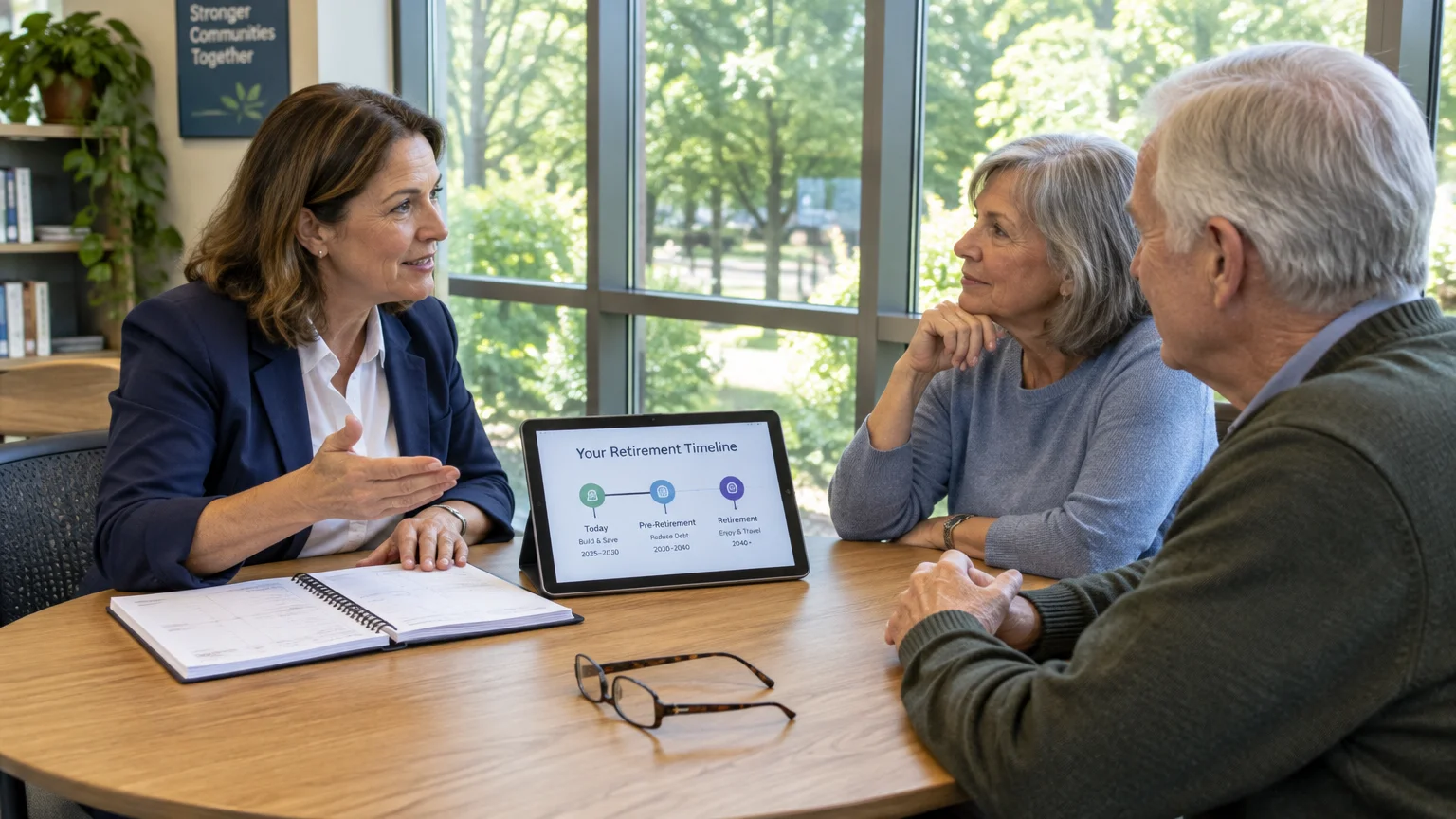 A female financial advisor talks to a senior couple at a round wooden table, displaying a retirement timeline on a tablet.