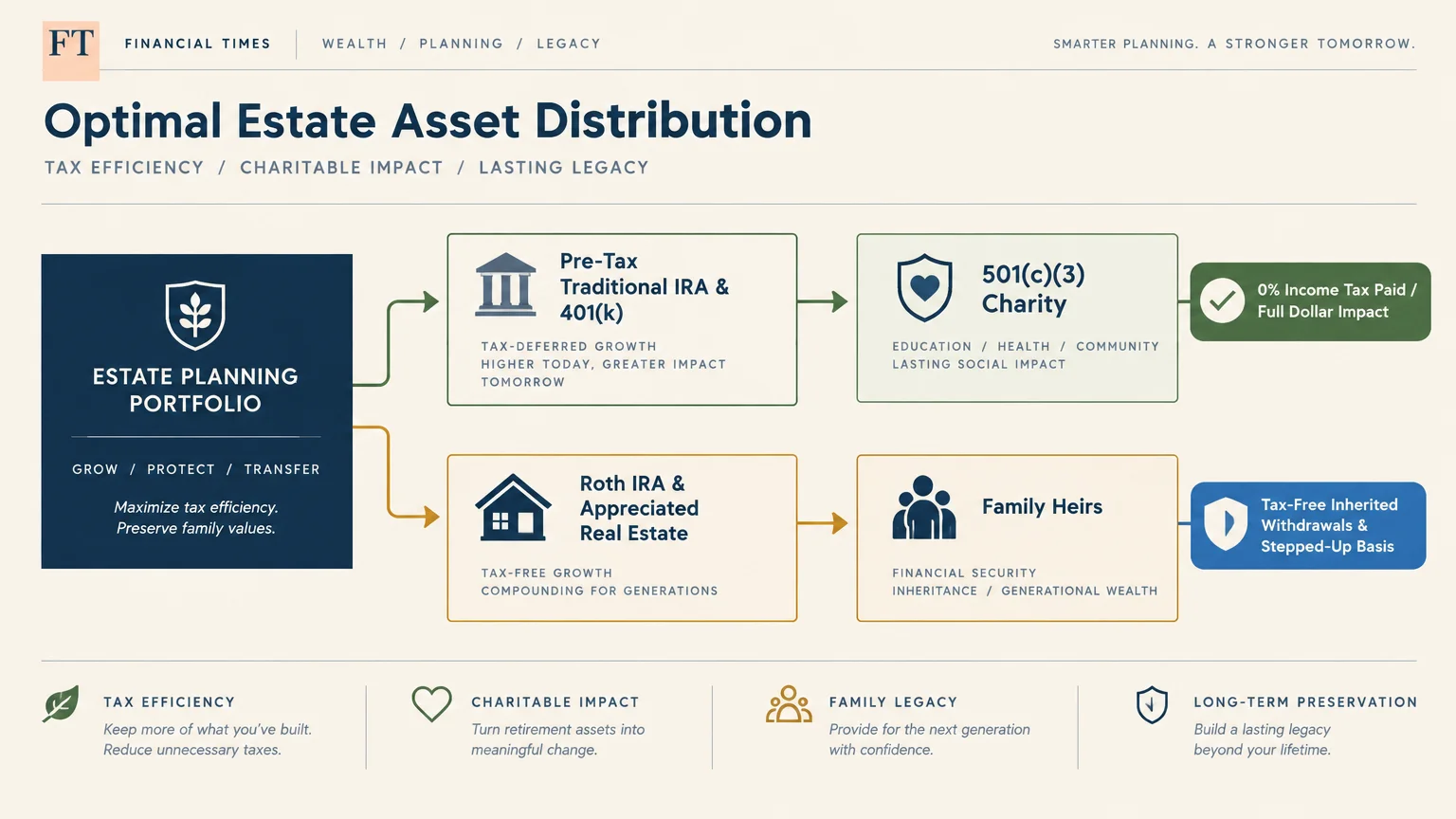 Diagram outlining estate asset distribution paths comparing pre-tax retirement accounts for charity versus assets for heirs.