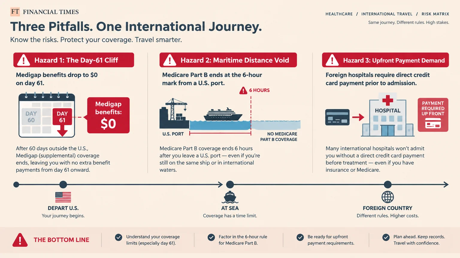 Diagram outlining travel healthcare hazards: Day-61 Medigap cliff, maritime distance void, and upfront hospital payment.