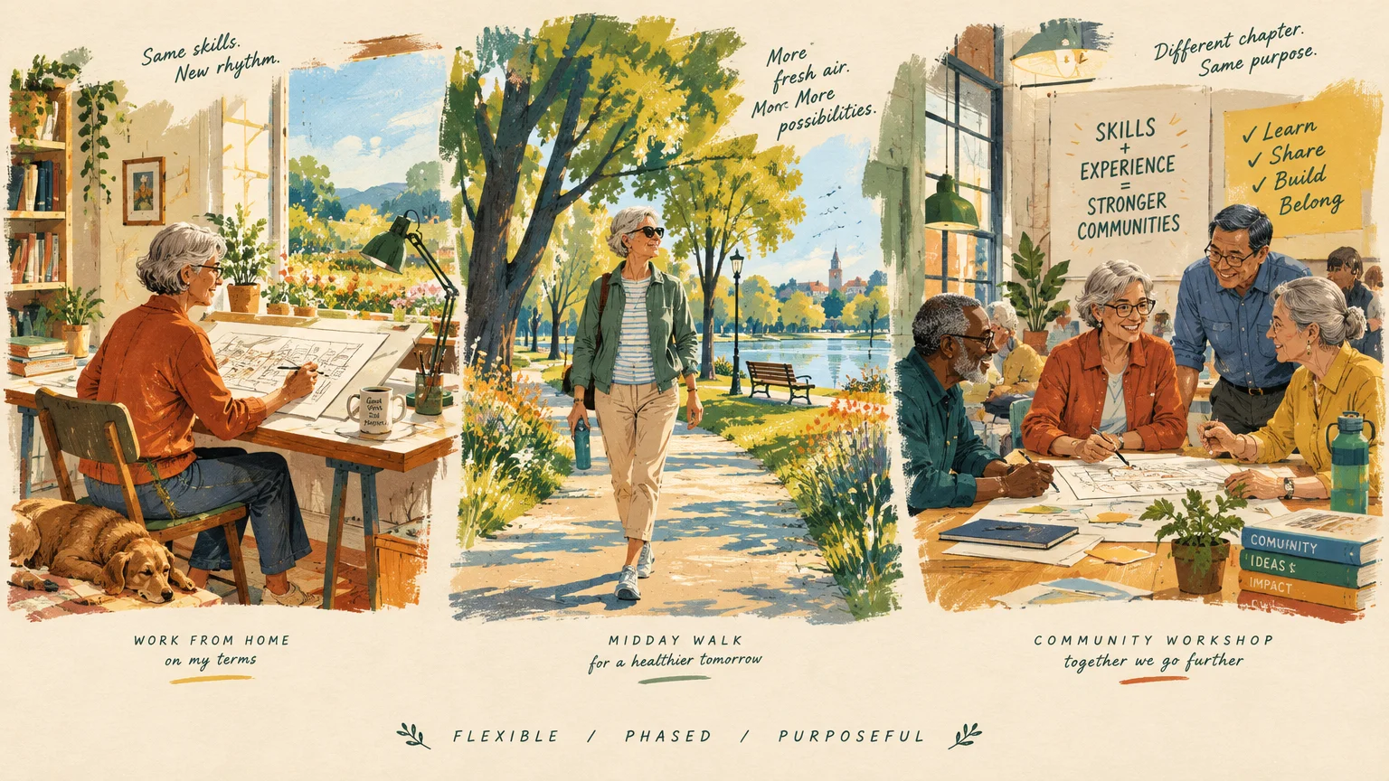 Three-panel illustration showing an older woman working from home, walking outdoors in a park, and collaborating at a workshop.