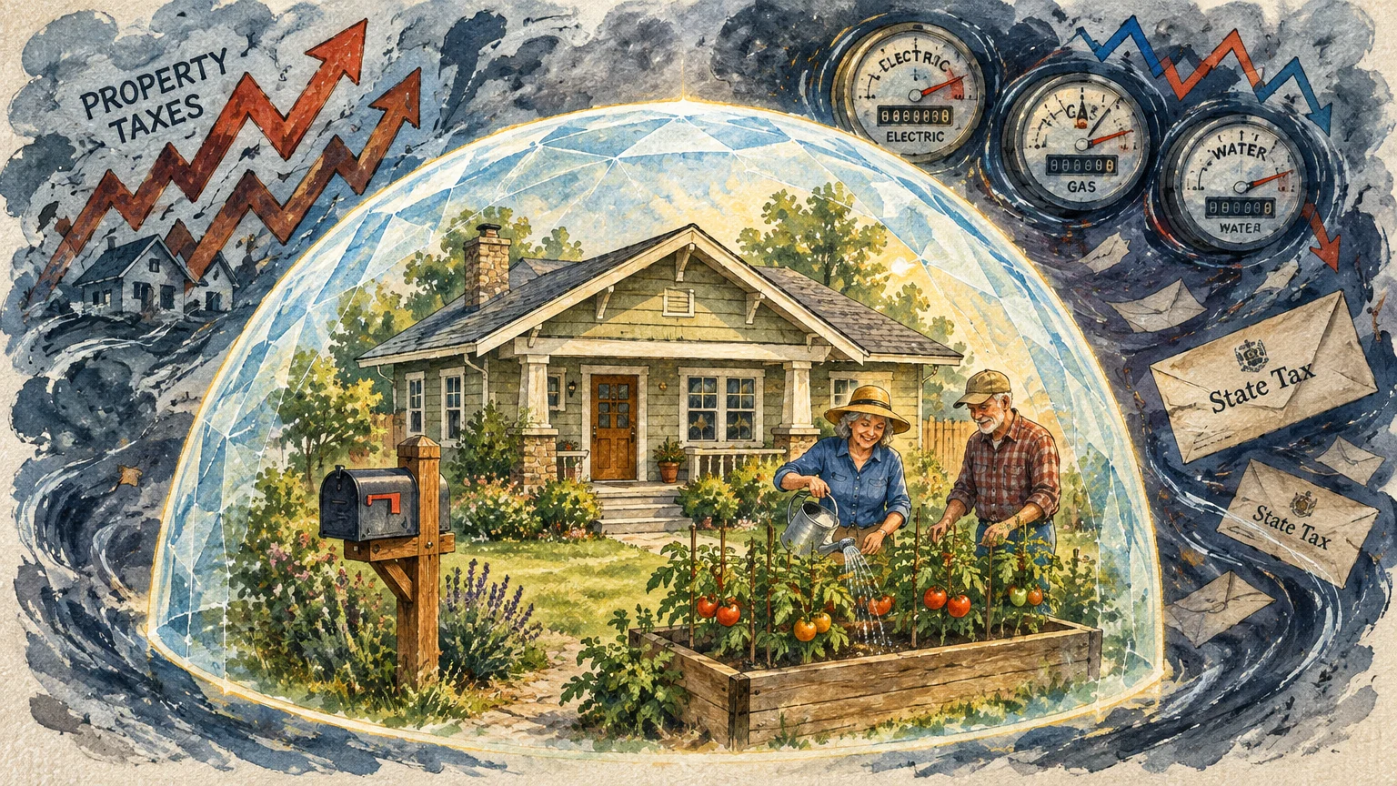 Illustration of an elderly couple gardening inside a protective dome shielding their home from tax bills and utility meters.