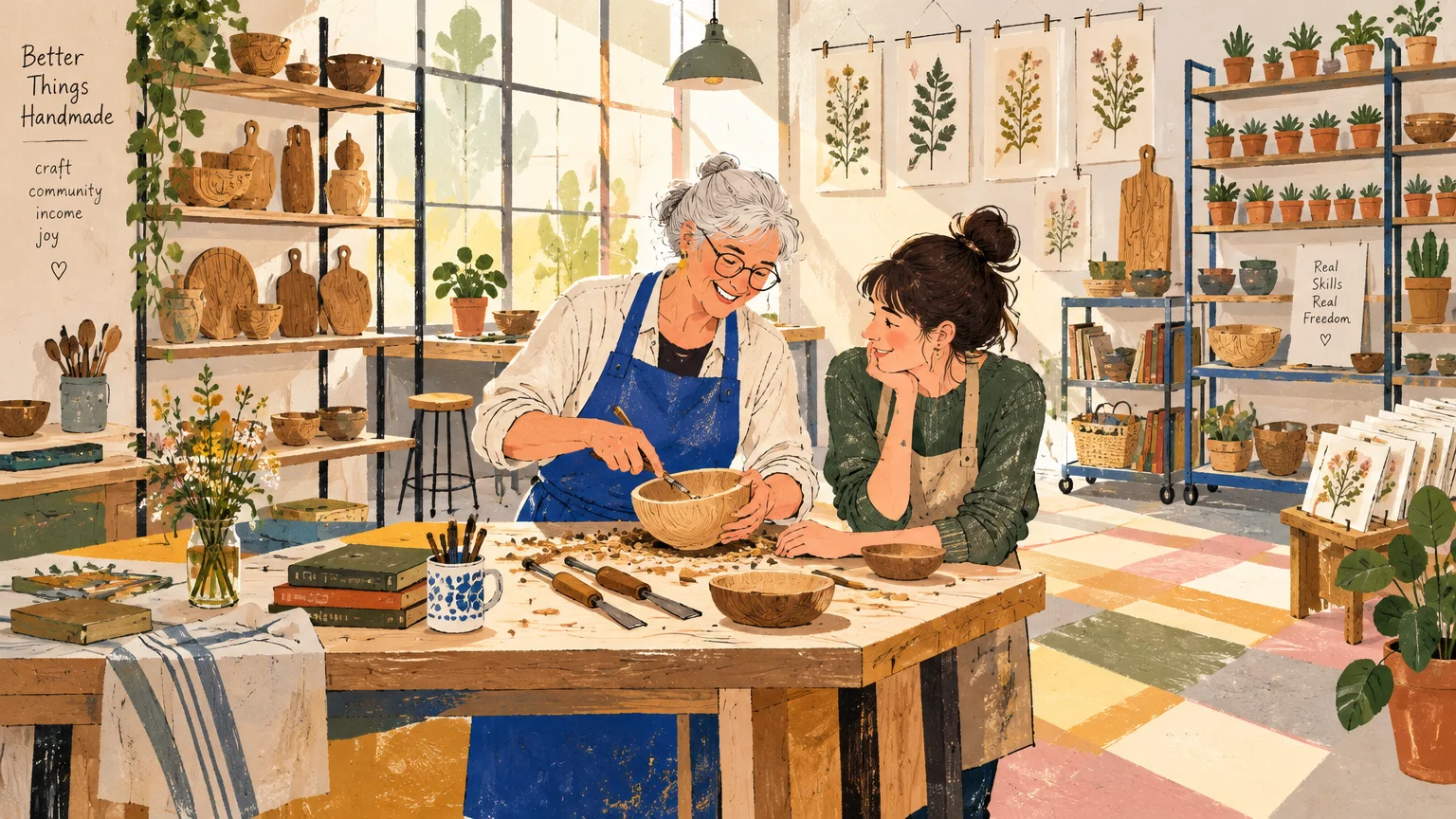 Illustration of an older woman carving a wooden bowl at a workbench alongside a younger woman in a bright craft studio.