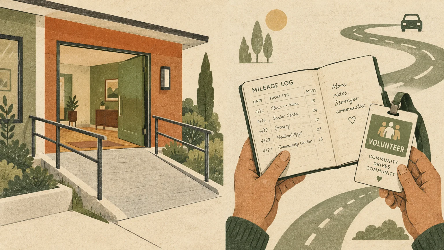 Split illustration showing an accessible wheelchair ramp leading into a home beside hands holding a mileage log and volunteer badge.