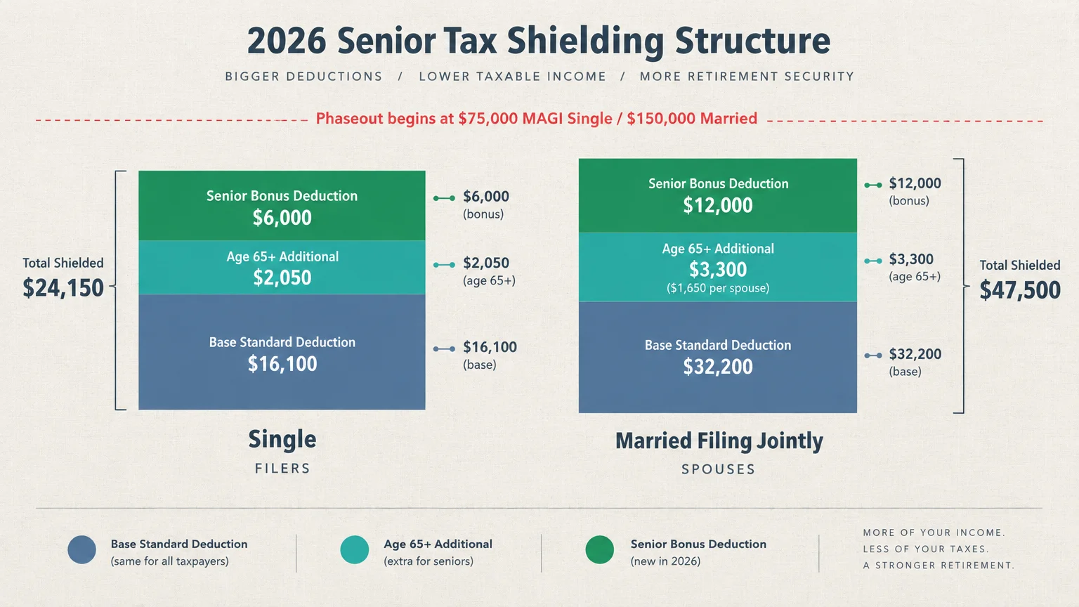 Diagram of 2026 senior tax shielding structure comparing single filers and married filing jointly stacked deductions.