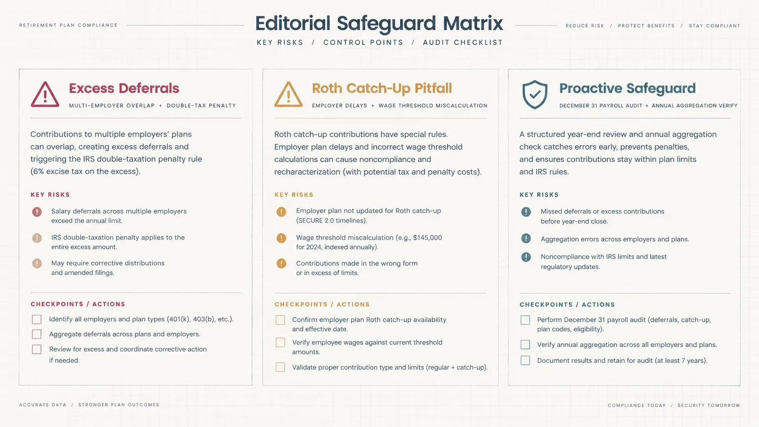 Editorial Safeguard Matrix diagram detailing excess deferrals, Roth catch-up pitfalls, and proactive payroll audit safeguards.