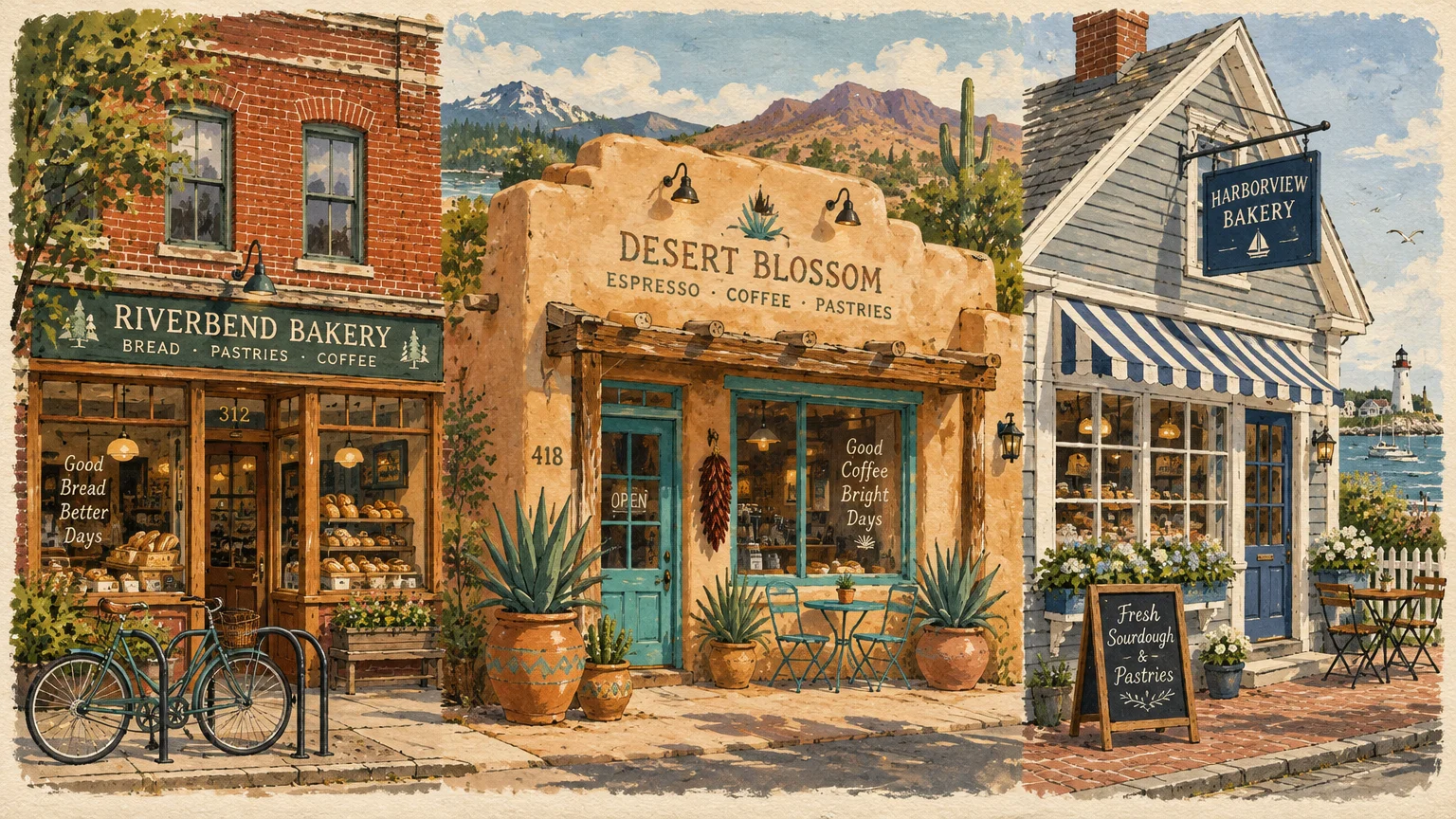 Illustration of three charming bakeries in brick, adobe, and coastal styles side by side along a pedestrian street.