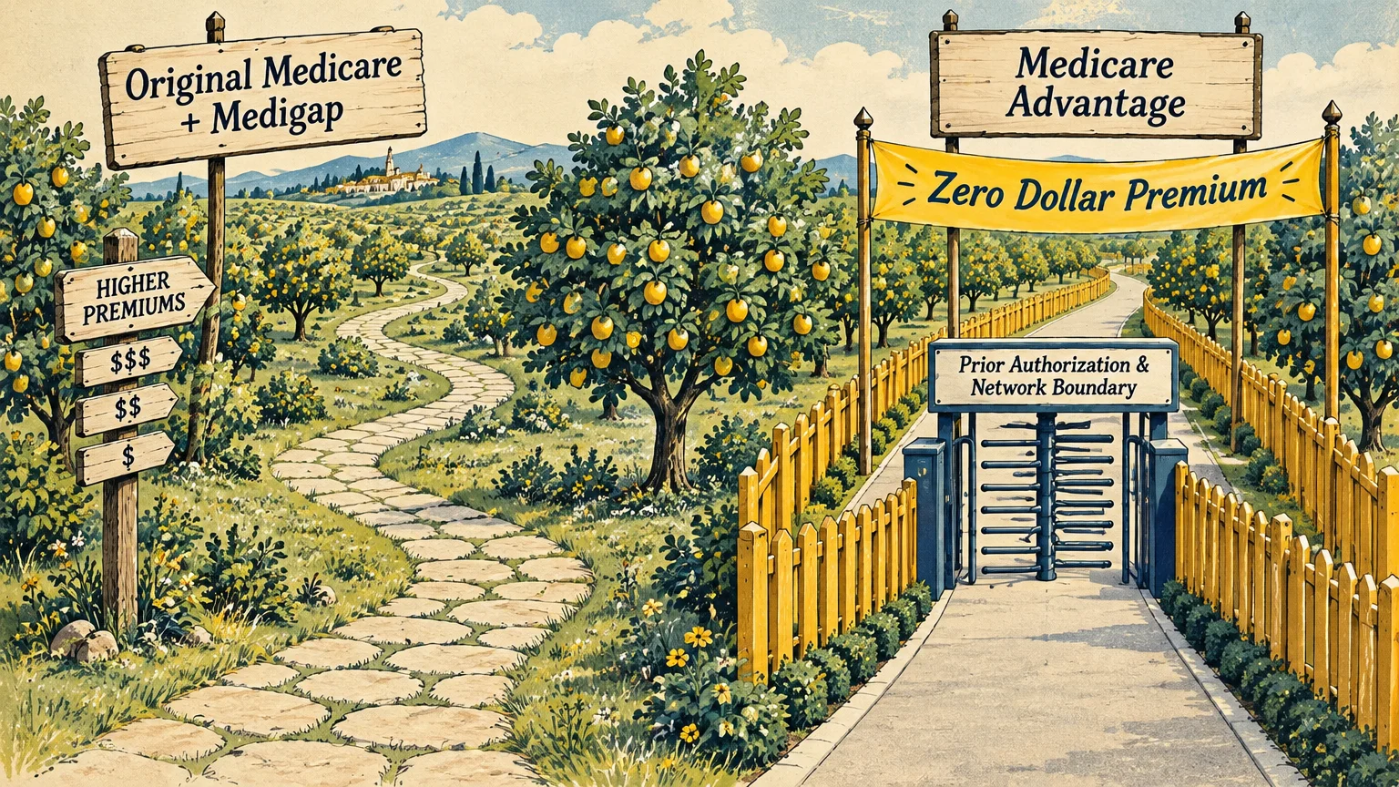 Two paths in an orchard: an open stone trail for Original Medicare and a fenced turnstile path for Medicare Advantage.