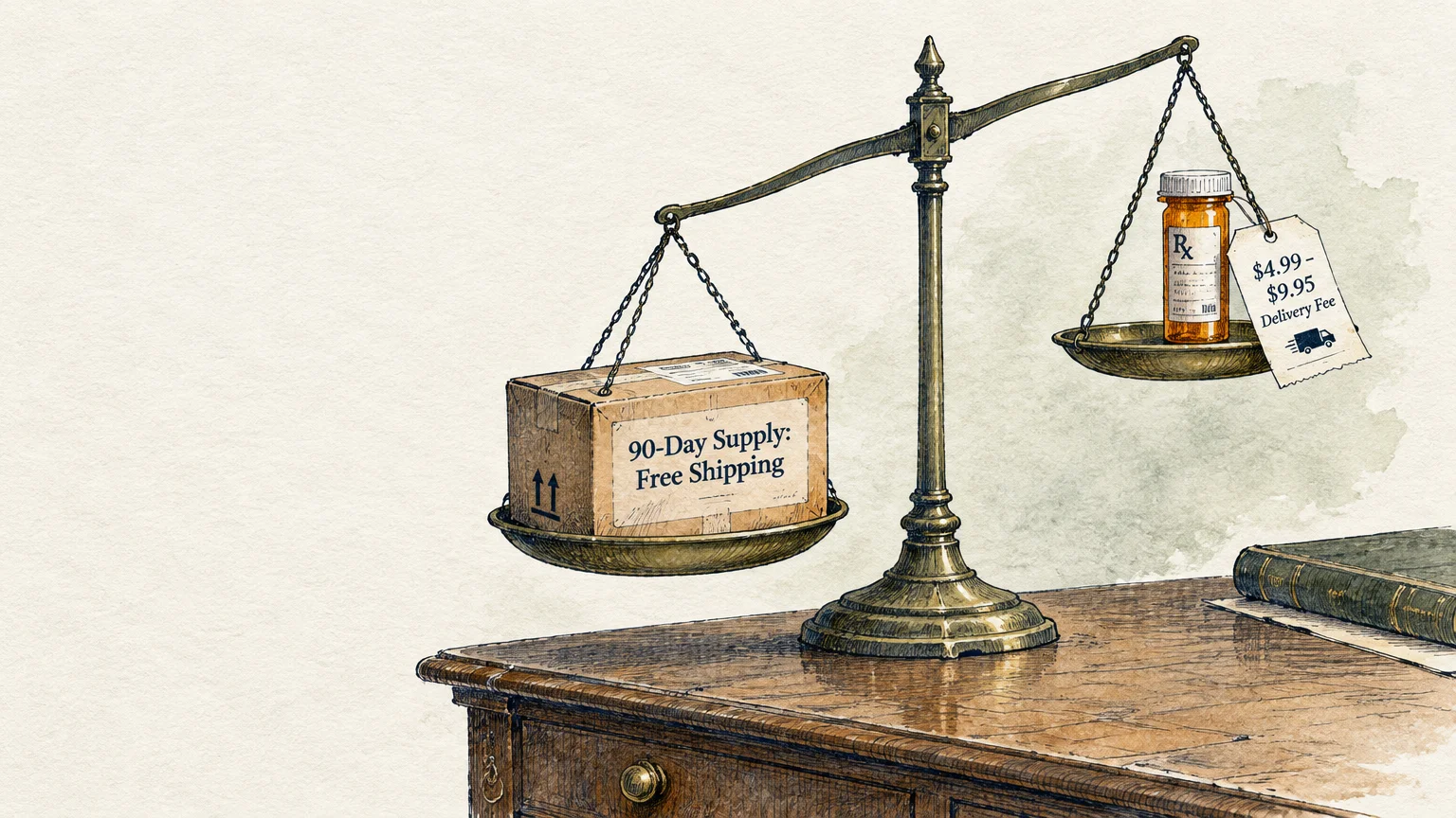 A brass balance scale weighing a shipping box against a prescription pill bottle with a delivery fee tag.