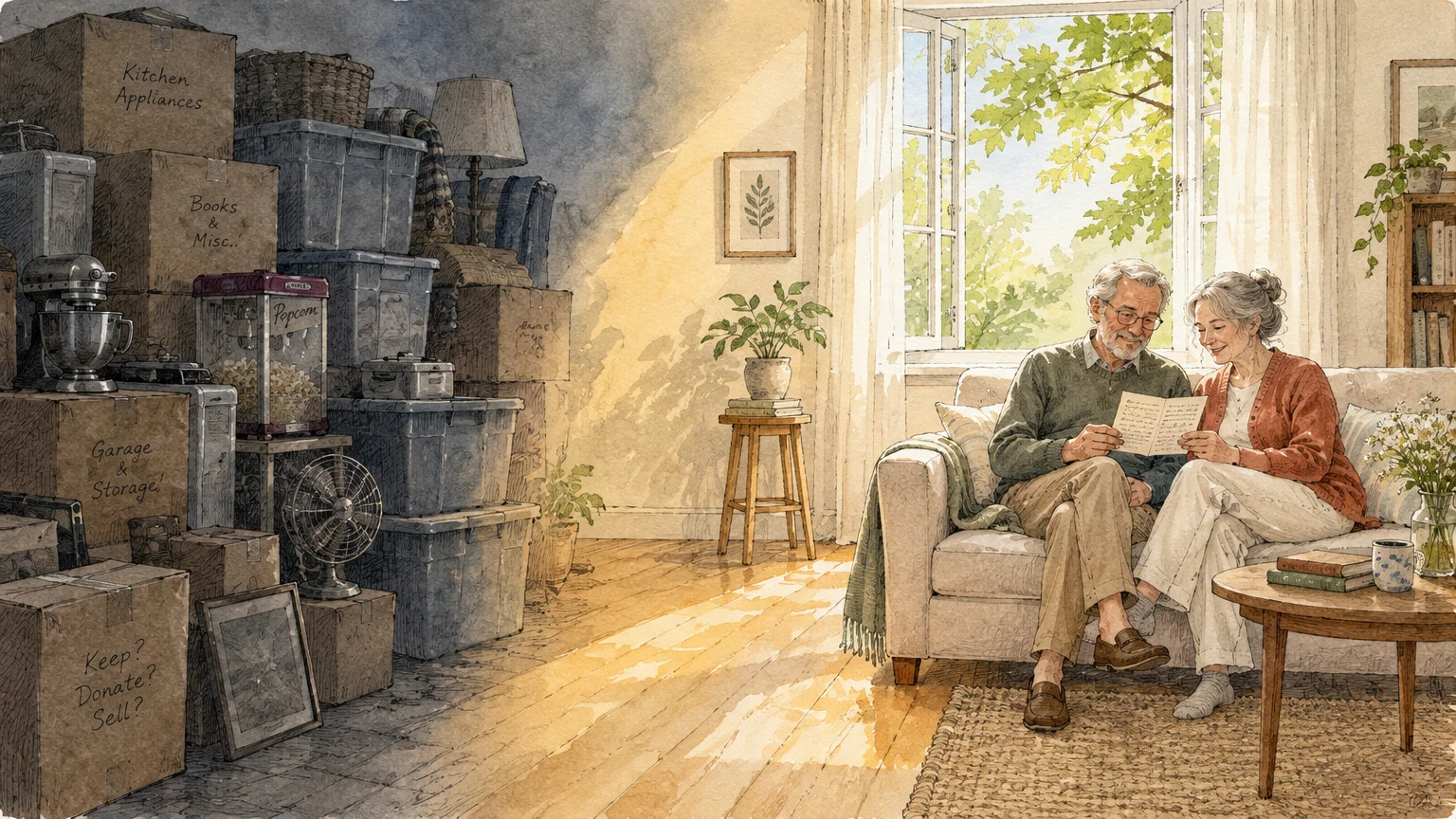 Watercolor illustration of an older couple reading a letter on a sofa beside tall stacks of storage boxes and bins.