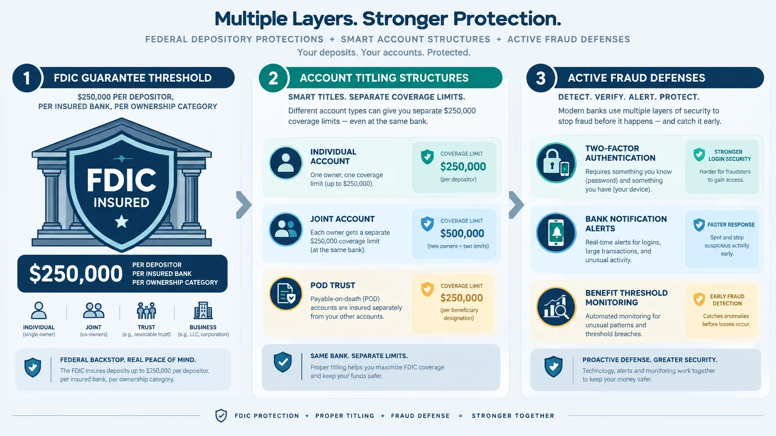 Diagram outlining three layers of deposit safety: FDIC thresholds, account titling limits, and active fraud defenses.