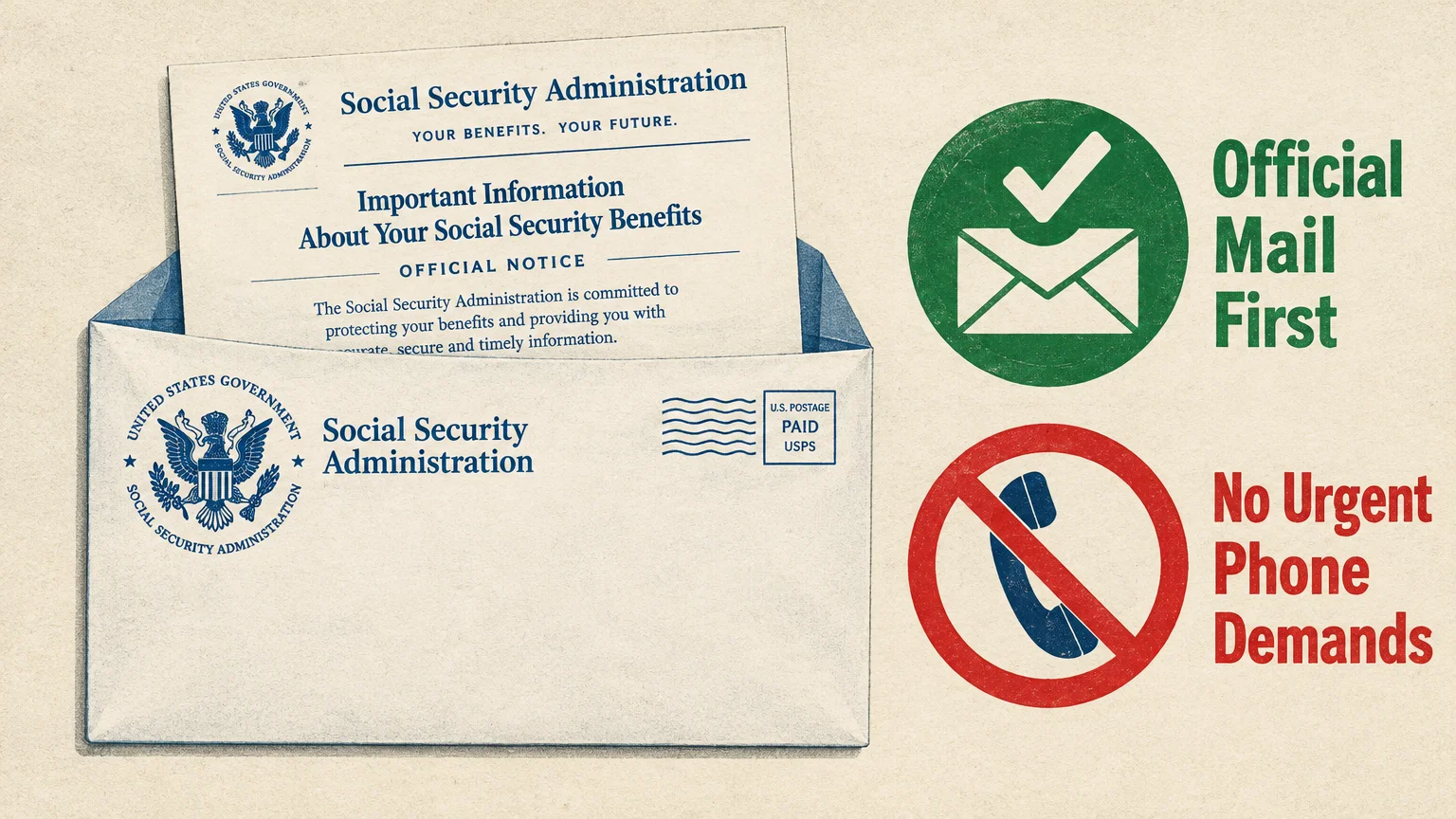 Illustration of an open Social Security envelope alongside icons for official mail and a prohibited phone symbol.
