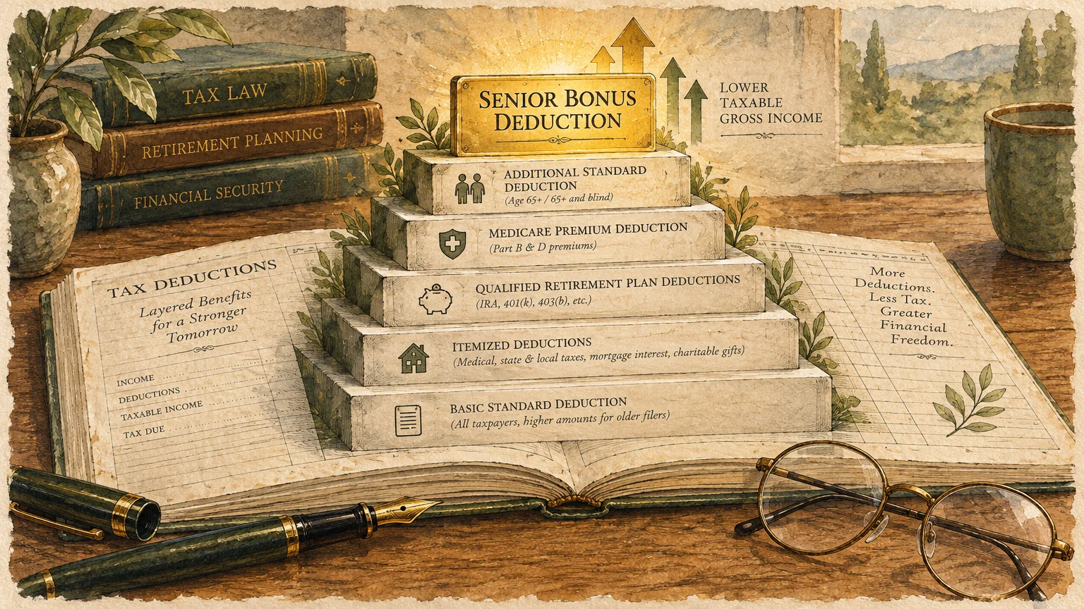 Illustration of an open ledger with tiered steps of tax deductions beside reading glasses and a fountain pen on a desk.