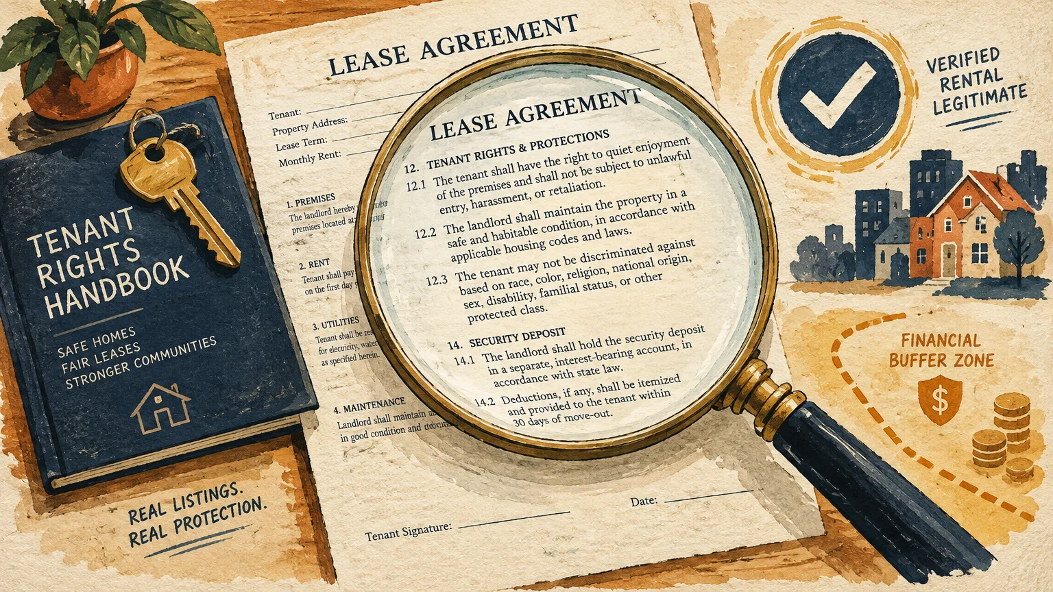 Illustration of a lease agreement magnified by a lens next to a tenant rights handbook, key, and house illustration.