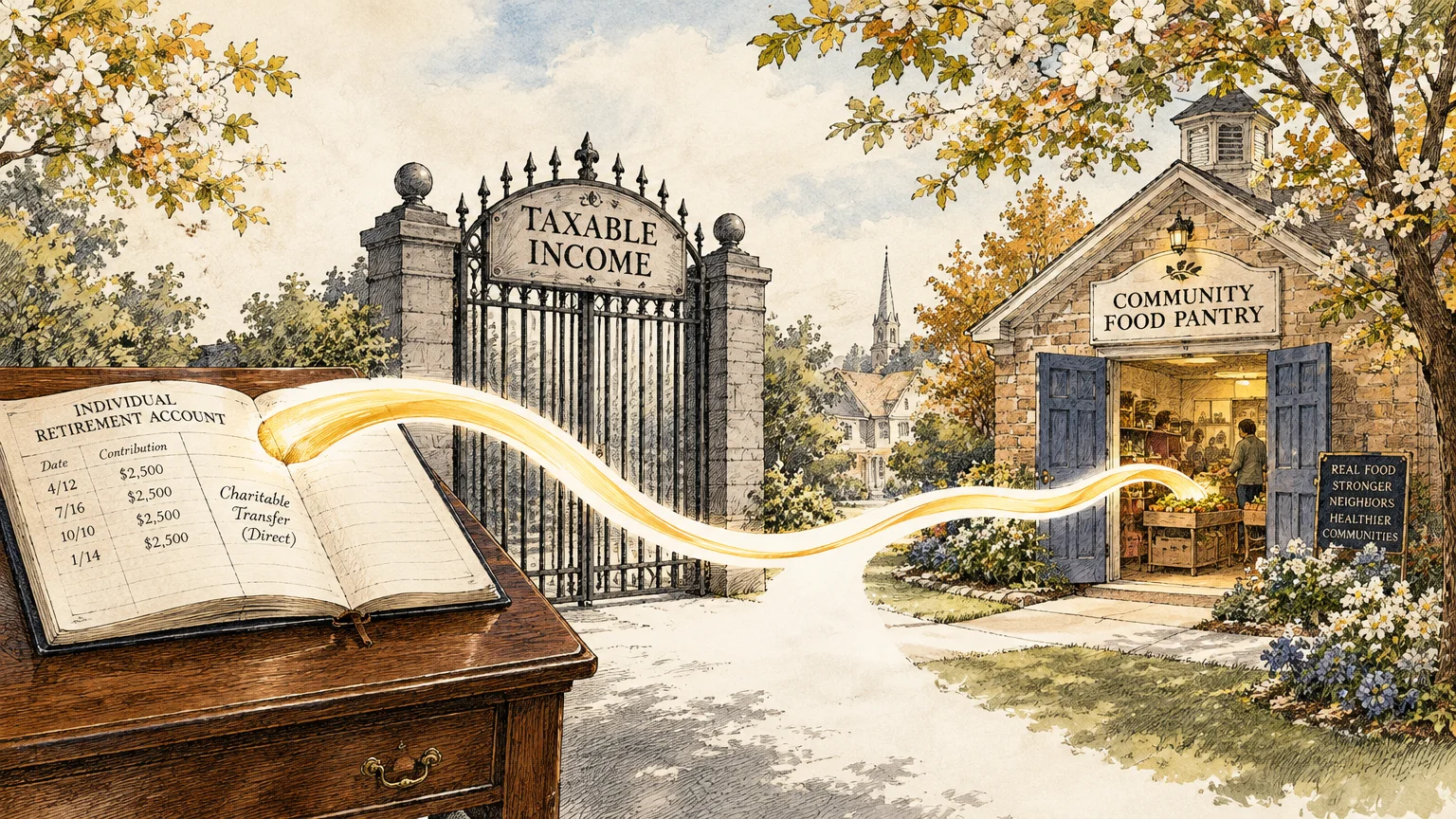 Illustration of glowing light flowing from an IRA ledger past a Taxable Income gate into a community food pantry.