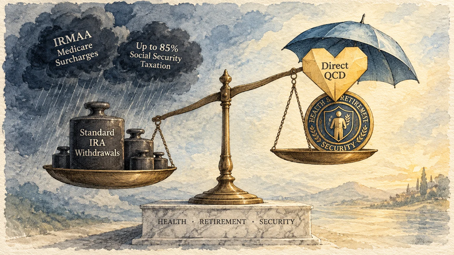 Balance scale weighing standard IRA withdrawal weights under rain against a protected medallion under an umbrella.