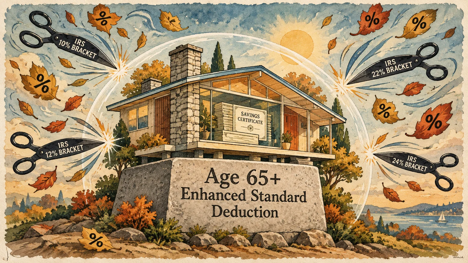 Illustration of a house on a stone base labeled Age 65+ Enhanced Standard Deduction, shielded from tax bracket scissors.