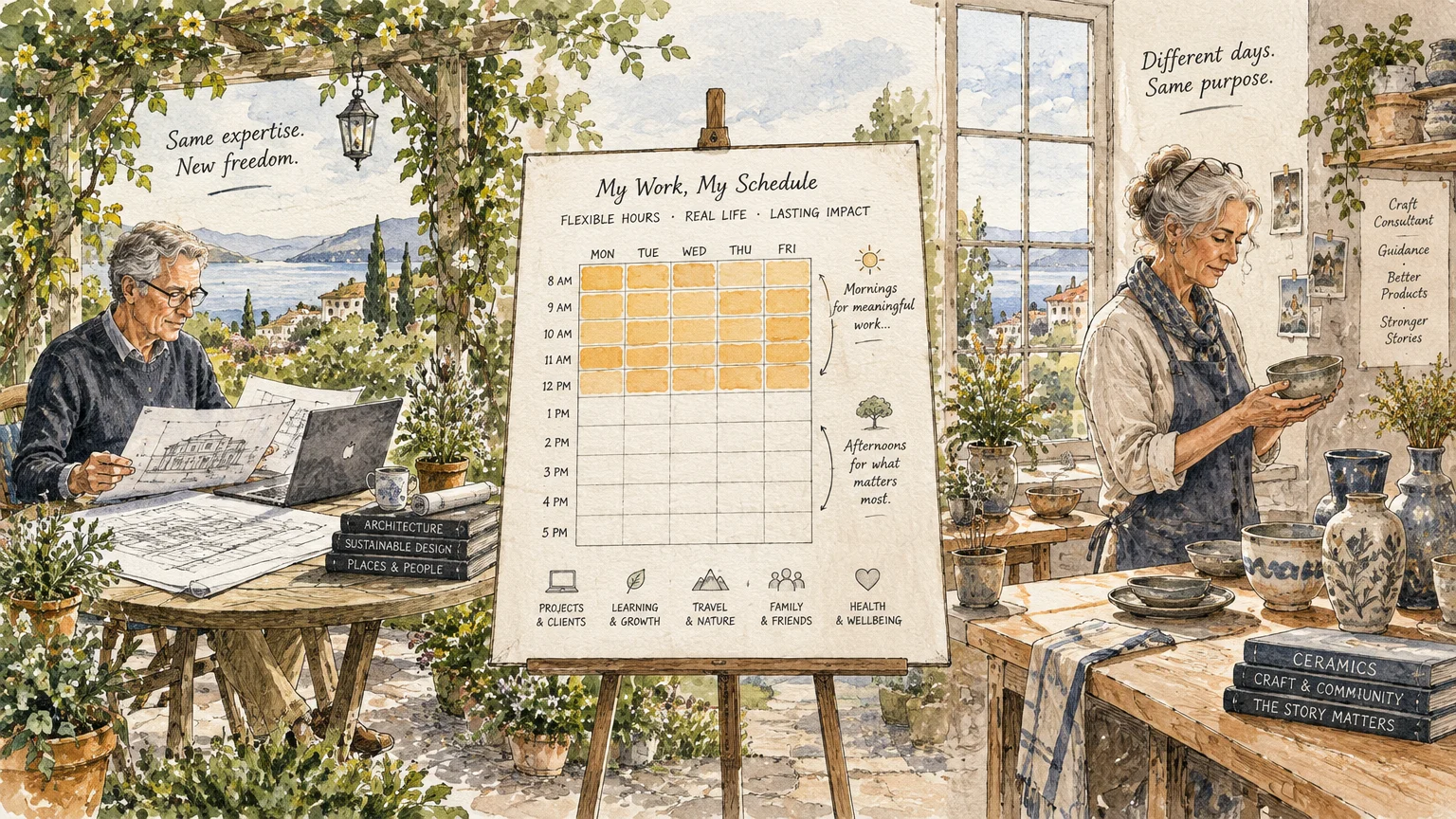 Split illustration of an older architect and a ceramicist flanking an easel displaying a weekly flexible schedule planner.