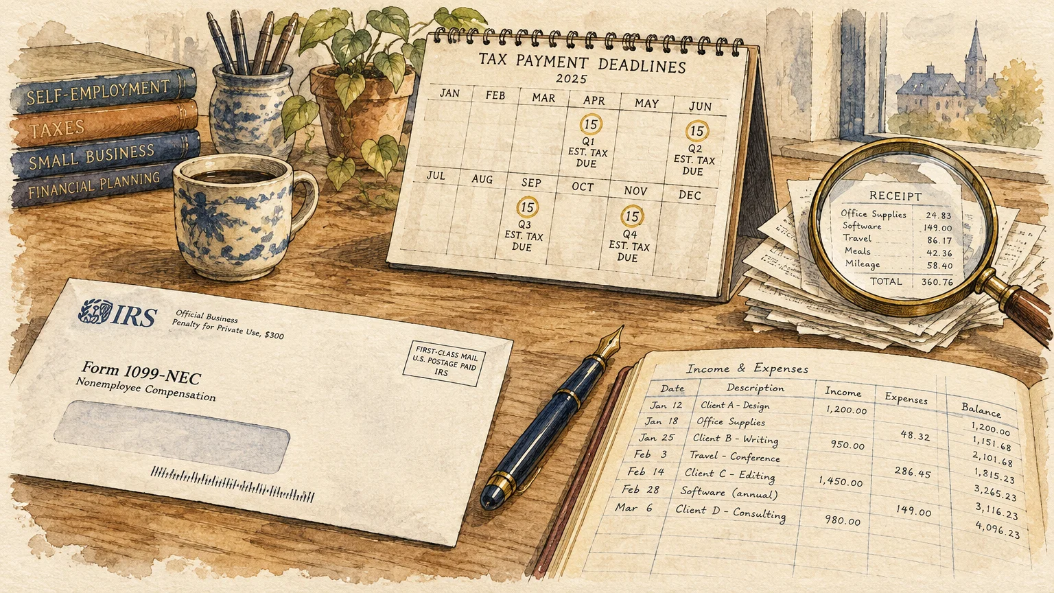 Desk with an IRS Form 1099-NEC envelope, a tax deadline calendar, ledger, pen, receipts under a magnifying glass, and books.