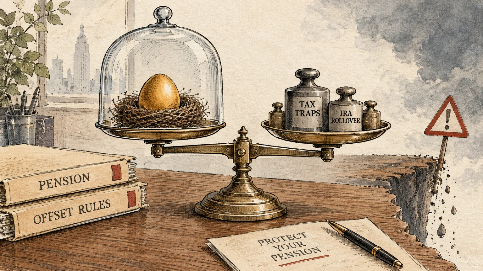 Illustration of a balance scale with a golden nest egg on one side and weights labeled tax traps on the other near a cliff.