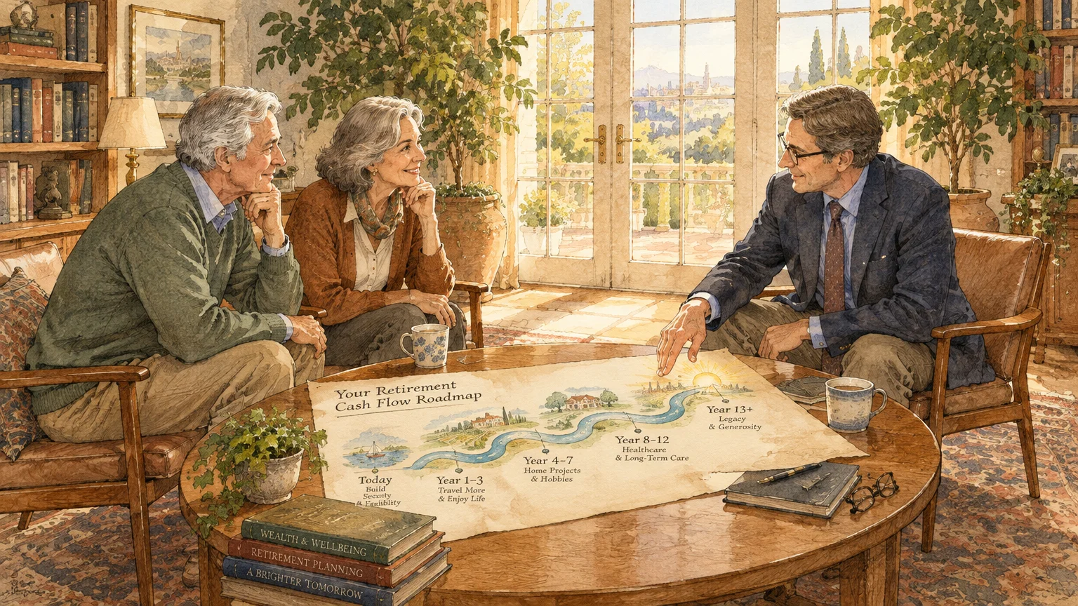 Illustration of a financial advisor presenting a retirement cash flow roadmap map to a senior couple in a sunny study.