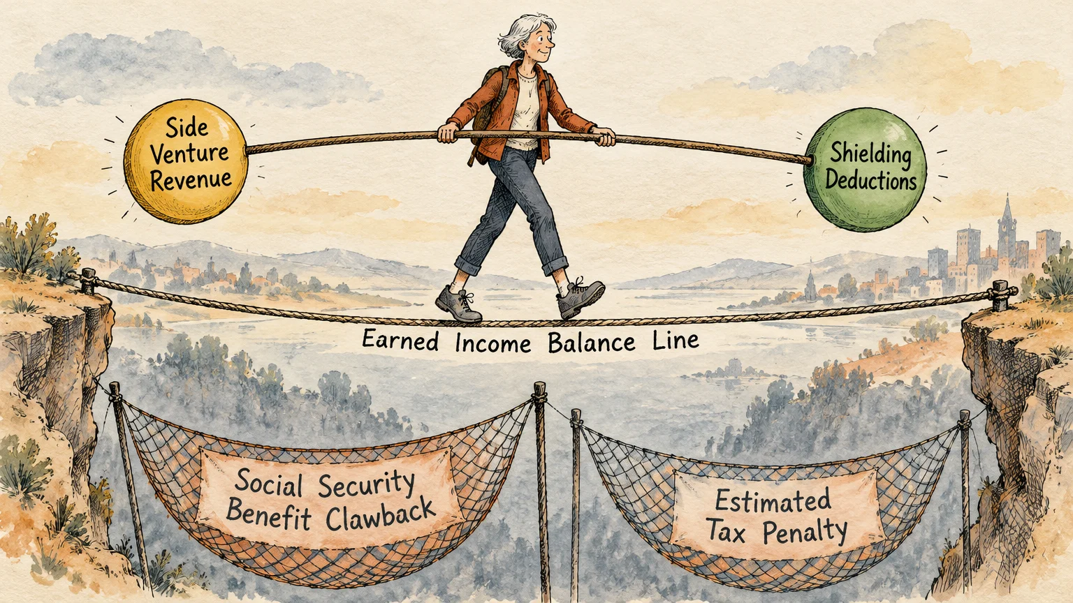 Woman tightrope walks between cliffs balancing revenue and deductions, with safety nets for clawbacks and penalties below.