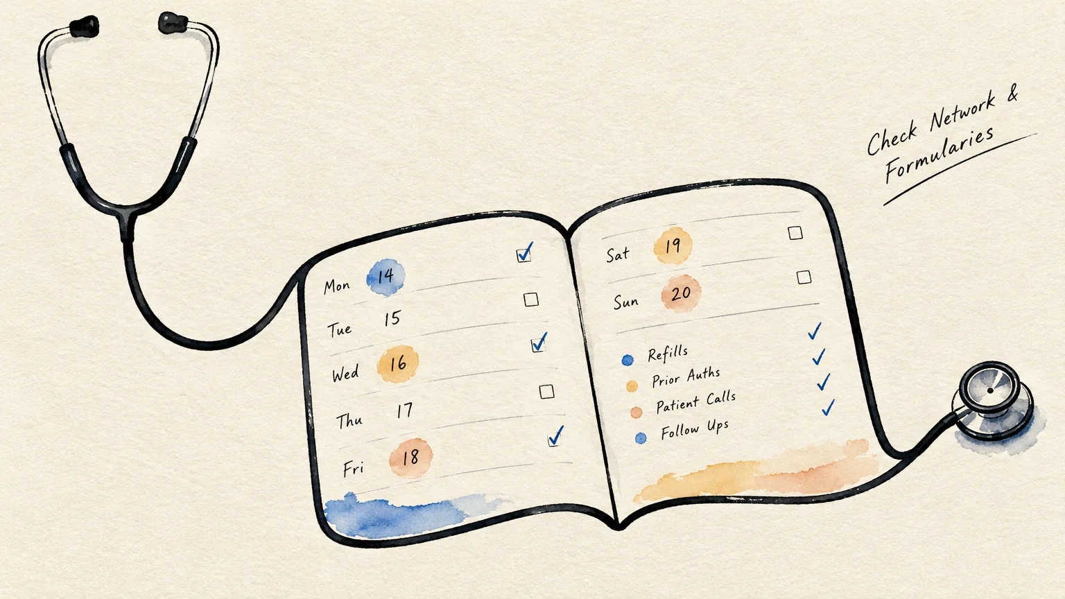 Illustration of an open calendar planner bordered by a stethoscope with notes to check network and formularies.