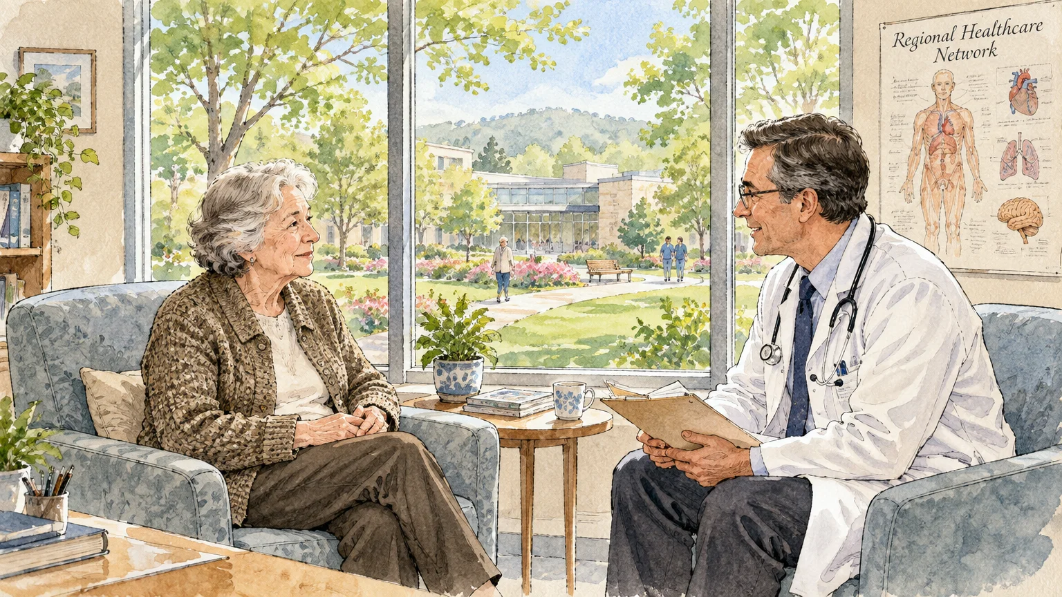 Watercolor illustration of a doctor speaking with an elderly woman seated by a large window overlooking a landscaped courtyard.