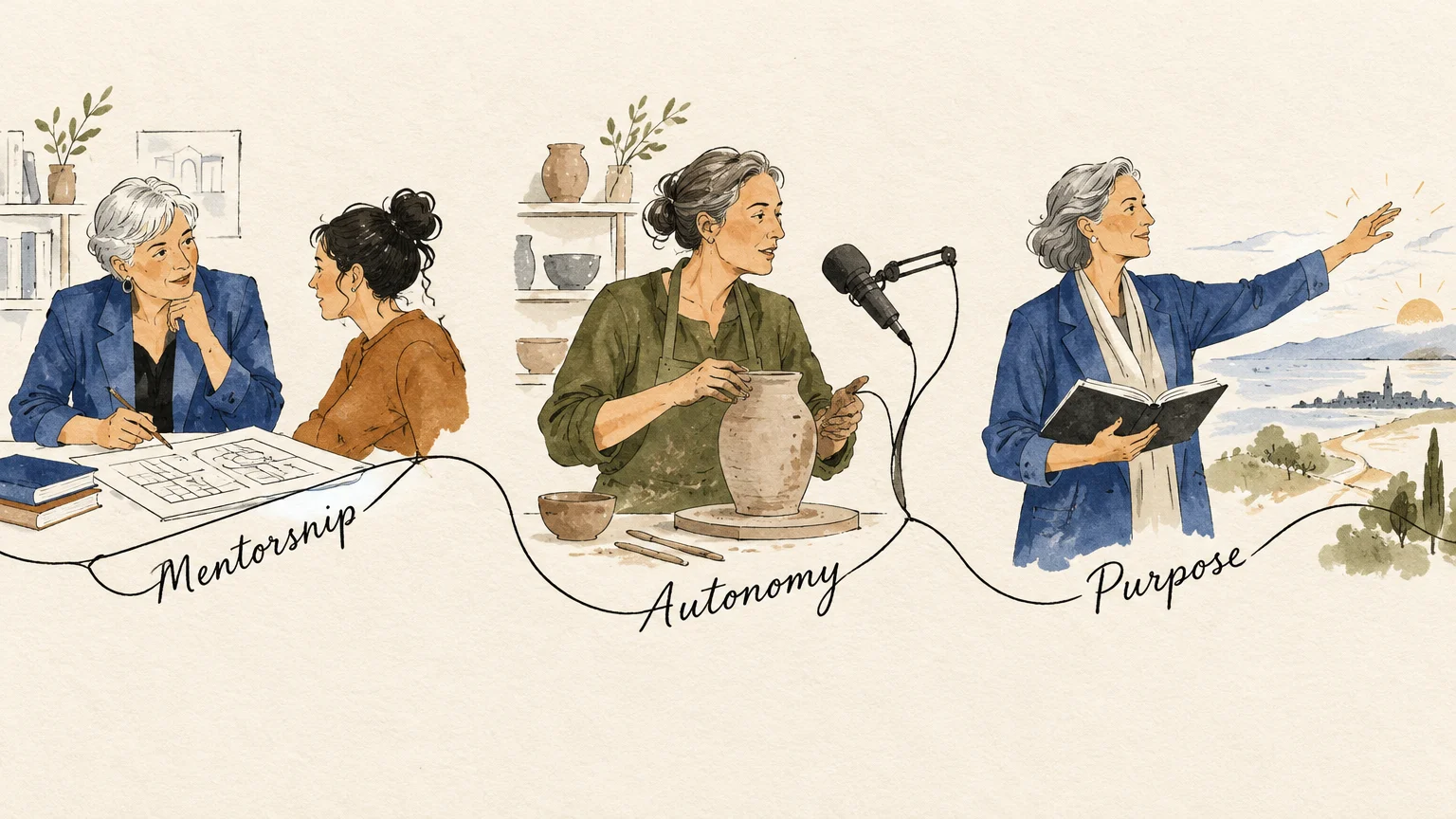 Watercolor illustration of three retired women pursuing mentorship, pottery and podcasting, and a purpose-driven venture.