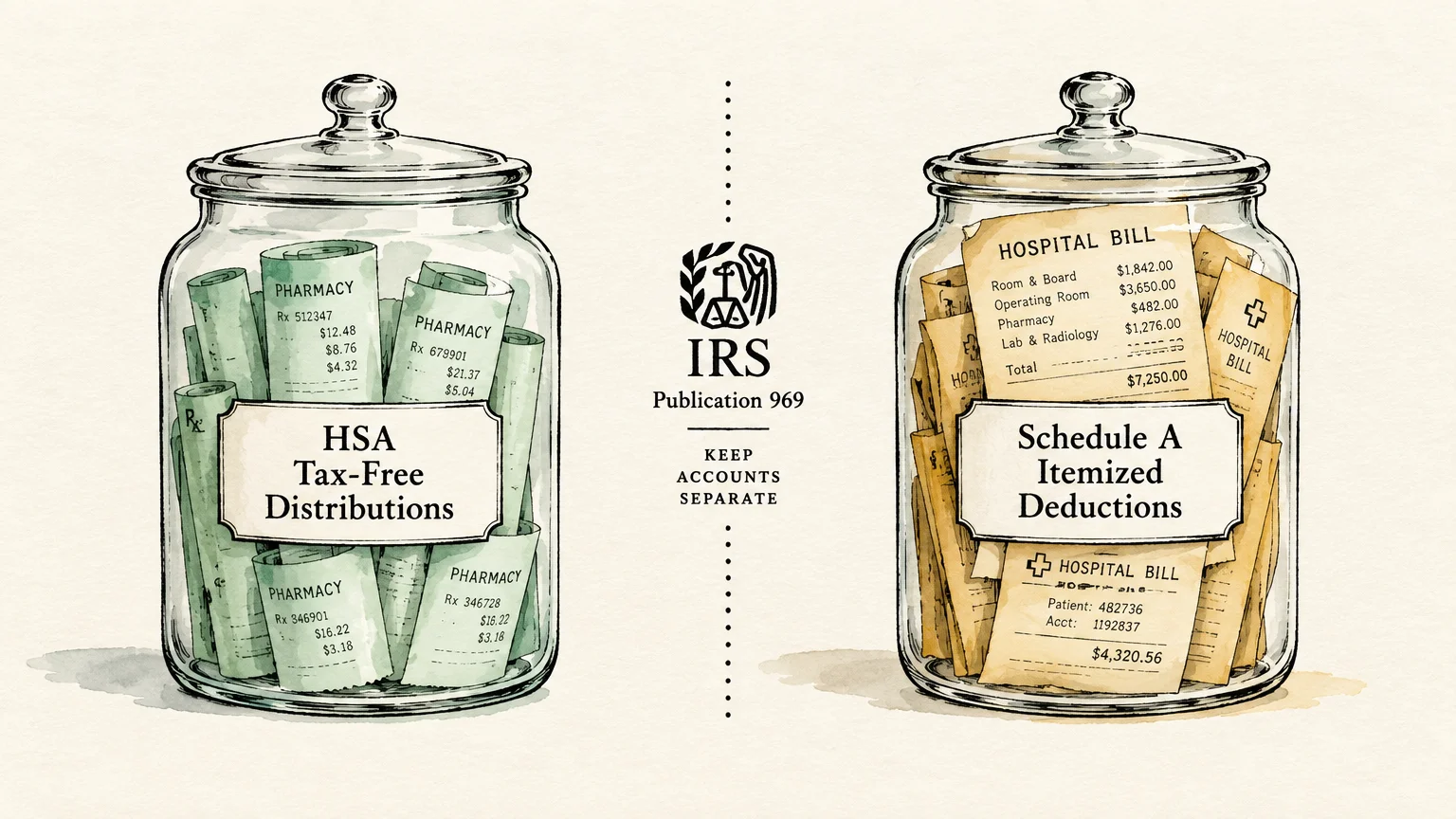 Illustration of two glass jars labeled for HSA tax-free distributions and Schedule A itemized deductions, holding receipts.