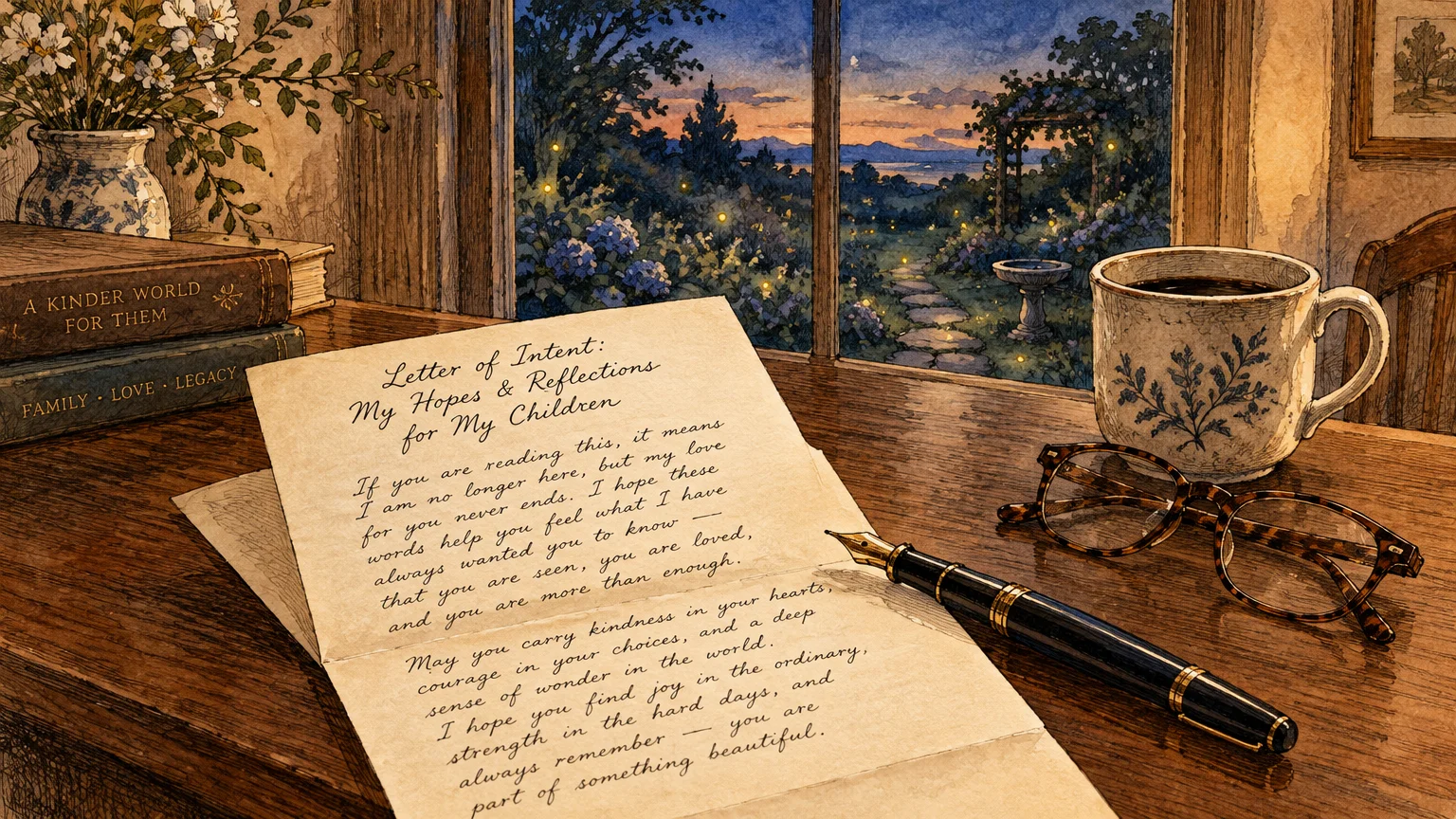 Handwritten letter of intent on a wooden desk beside a fountain pen, eyeglasses, mug, and window overlooking a garden.
