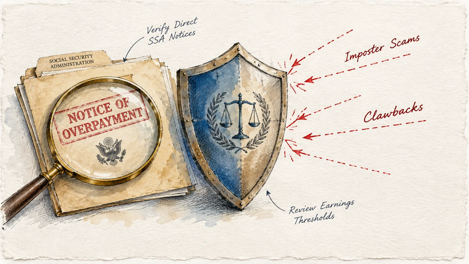 A legal shield deflecting arrows labeled imposter scams and clawbacks beside an SSA overpayment notice file folder.