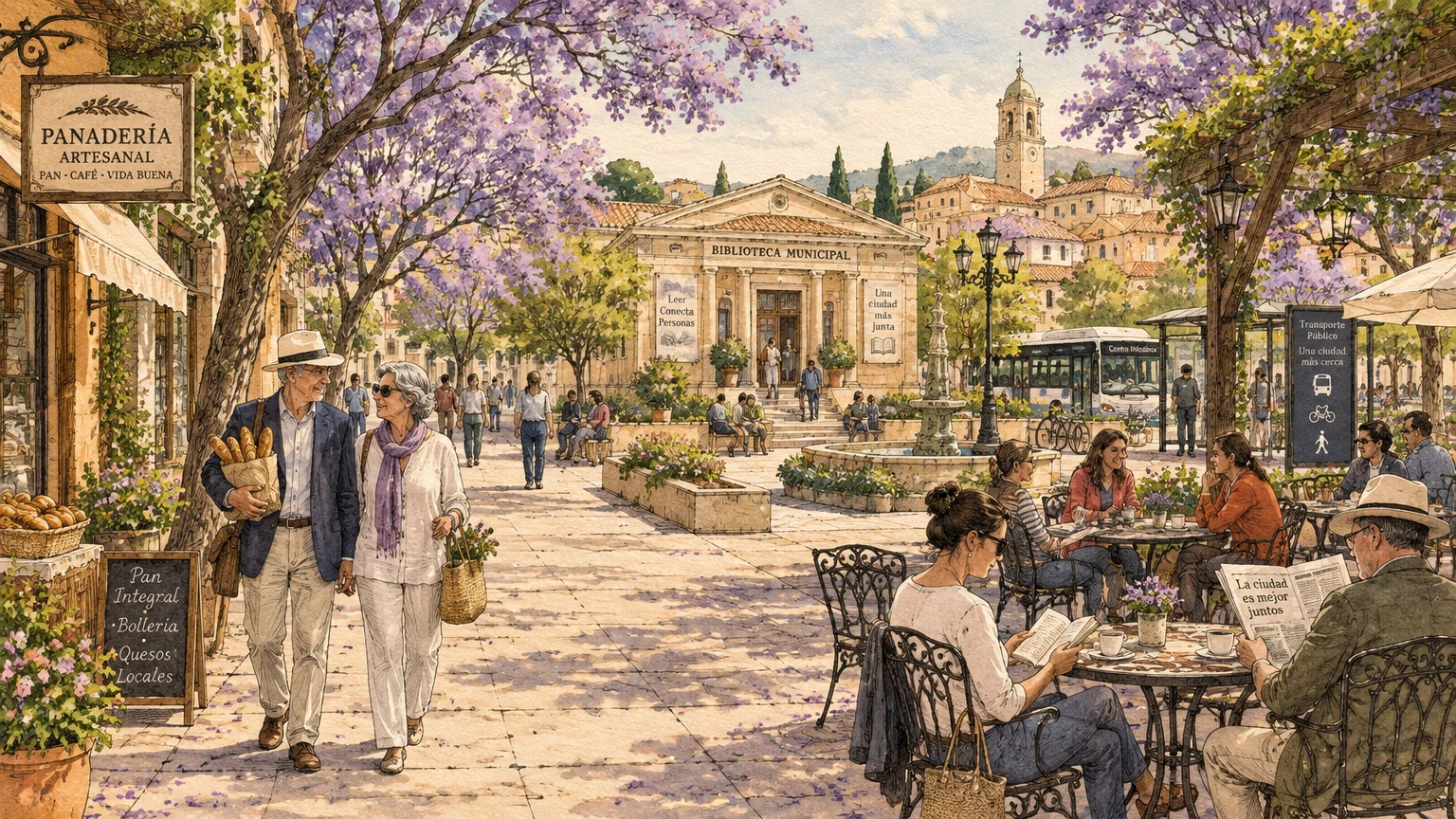 Illustration of people strolling and relaxing at outdoor cafe tables in a sunlit Spanish town plaza lined with jacaranda trees.