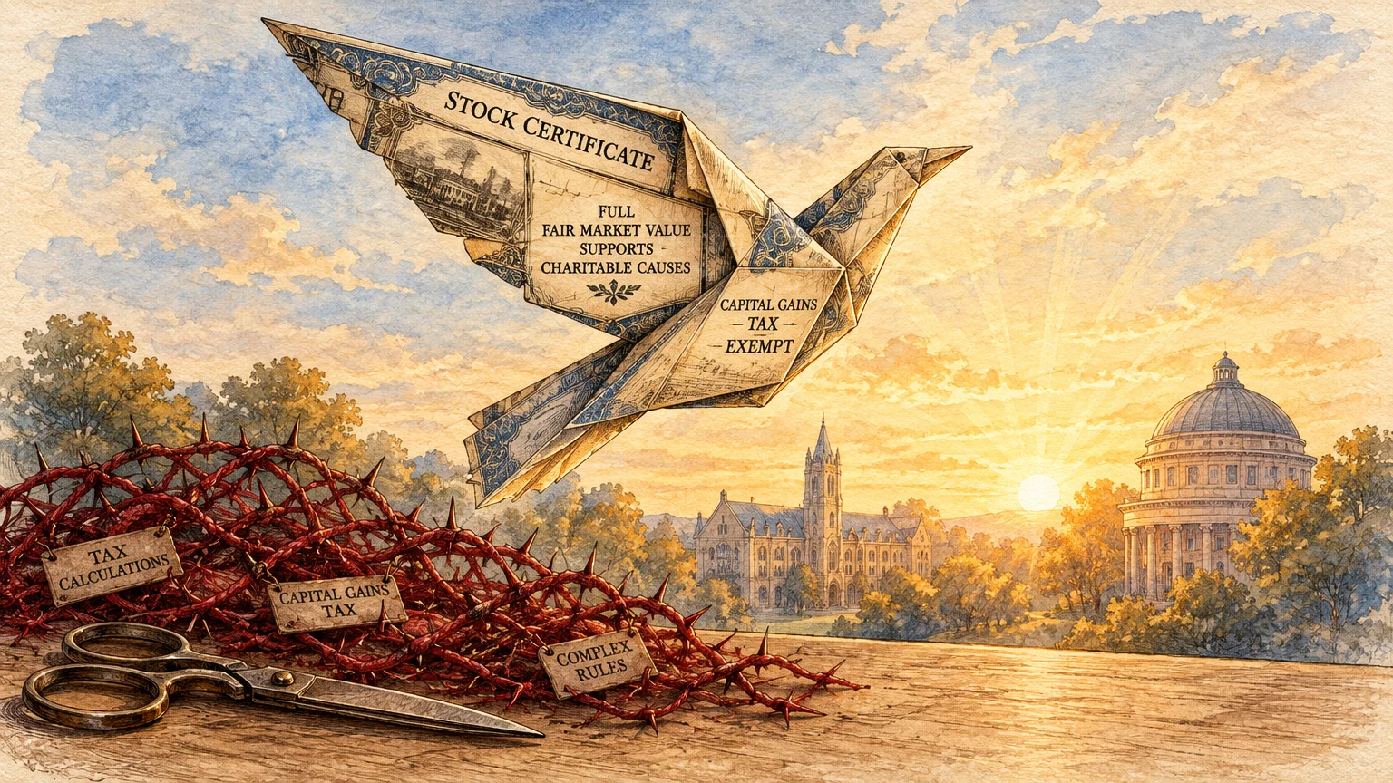 Origami bird made from a stock certificate flies above tangled red thorns and scissors against a sunrise landscape.