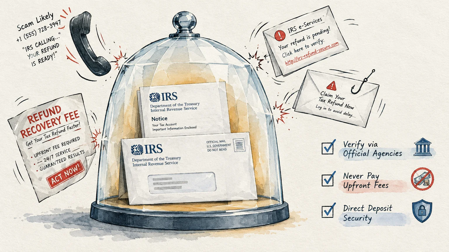 Illustration of IRS mail protected under a glass cloche, surrounded by scam calls, phishing emails, and safety tips.