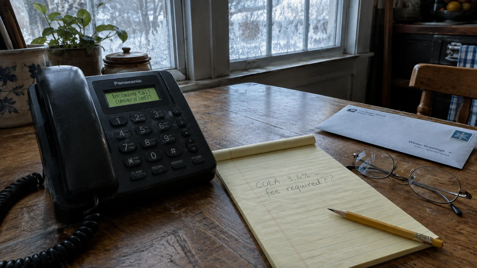 A landline phone, yellow notepad with notes about COLA, pencil, glasses, and an envelope on a wooden table near a window.