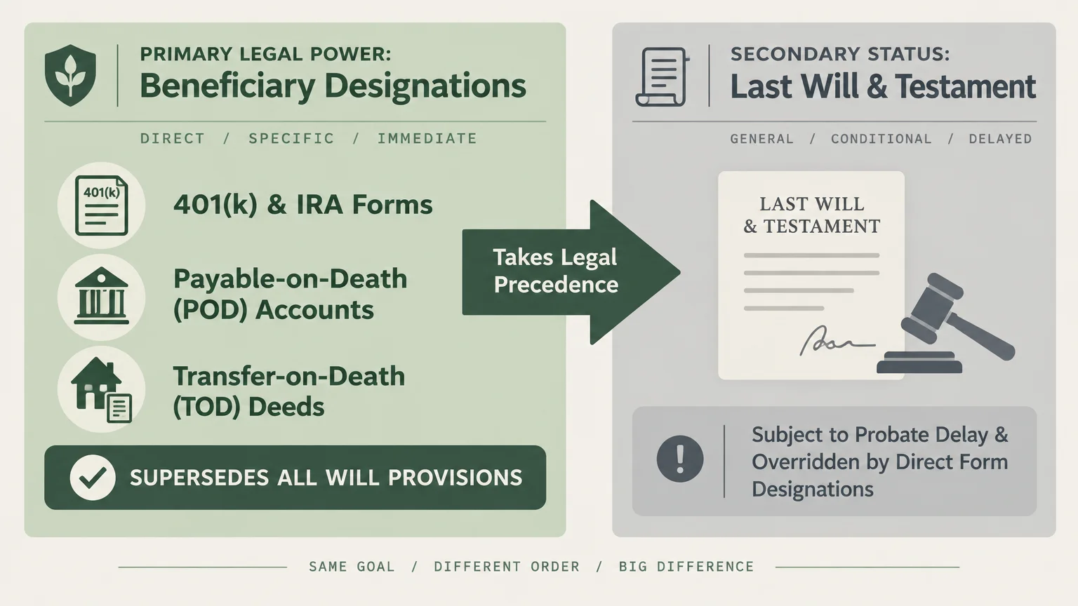 Diagram showing beneficiary designations taking legal precedence over a last will and testament to bypass probate.