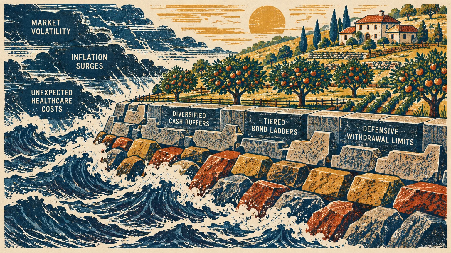 Illustration of a stone seawall labeled with financial strategies shielding an orchard from stormy ocean waves.