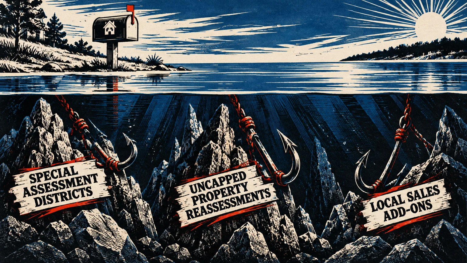 Illustration of a mailbox on shore above water with giant submerged fishing hooks caught on rocks labeled with tax risks.
