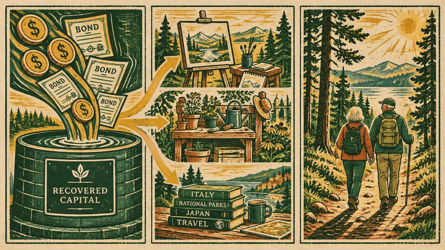 Illustration of recovered capital flowing from a well into panels showing painting, gardening, travel books, and hiking.