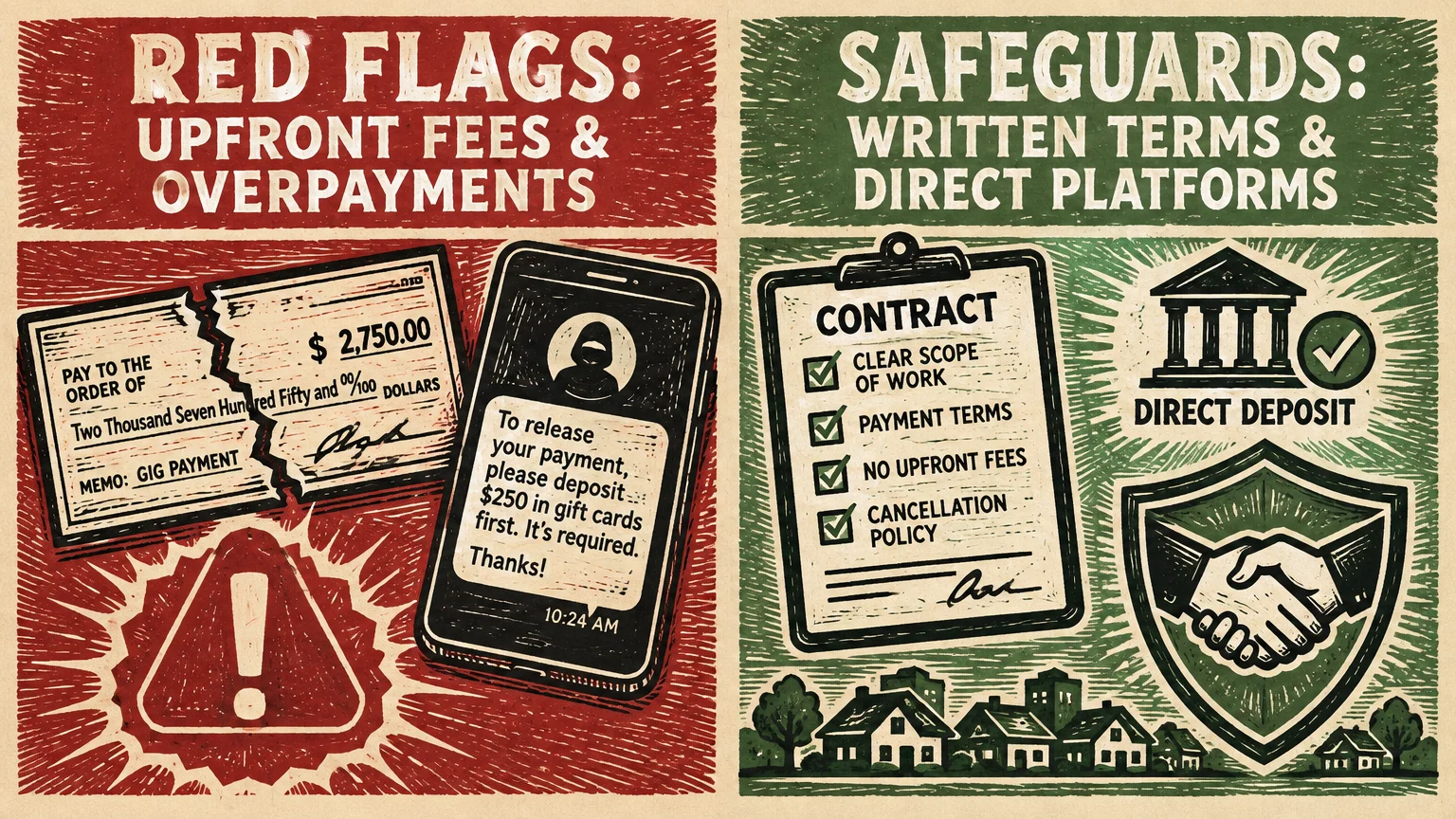 Graphic contrasting scam red flags like a torn check and text message with safeguards like a contract and bank icon.