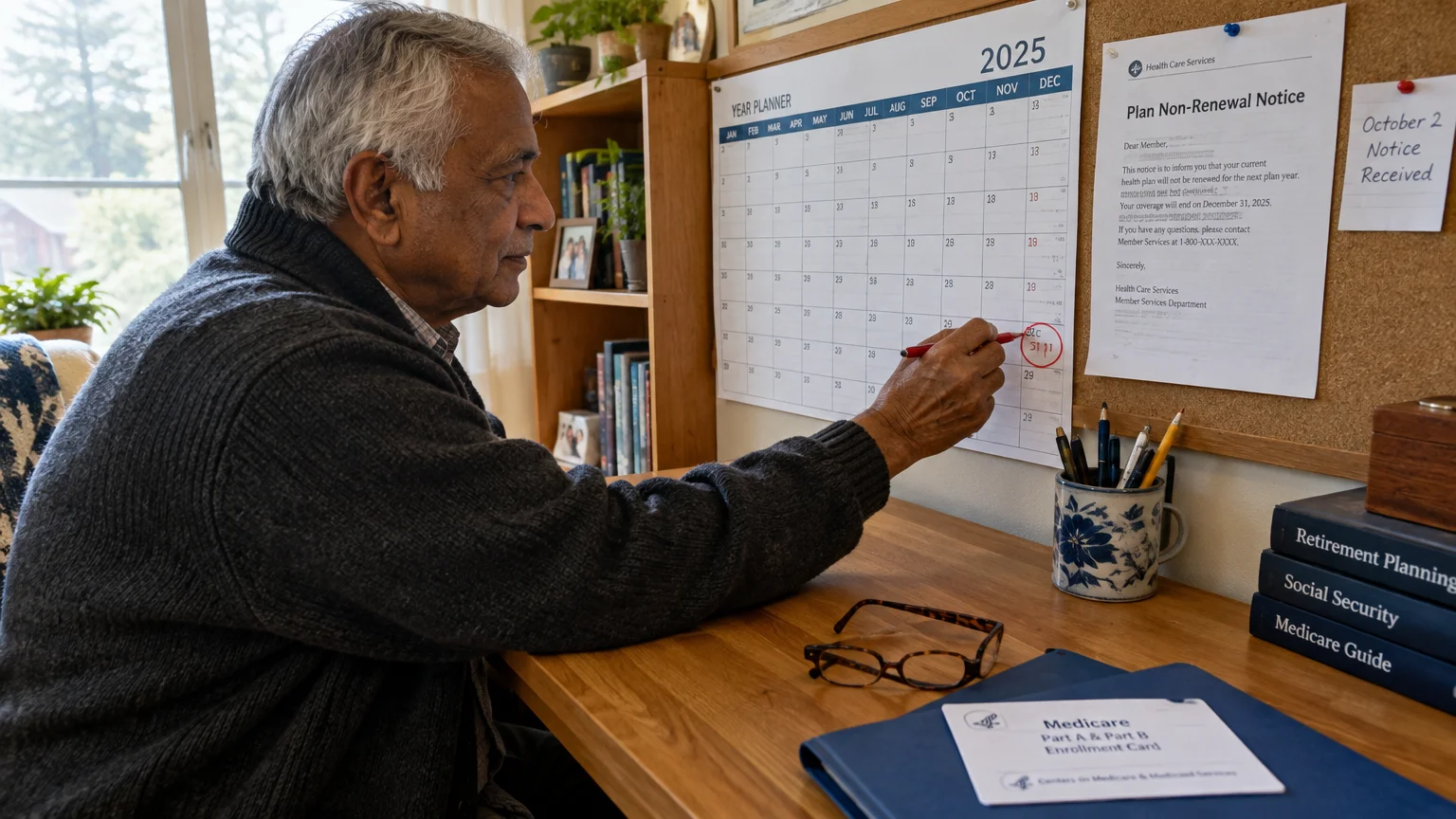 A senior man marks December 31 on a wall calendar beside a Plan Non-Renewal Notice and a Medicare enrollment card.