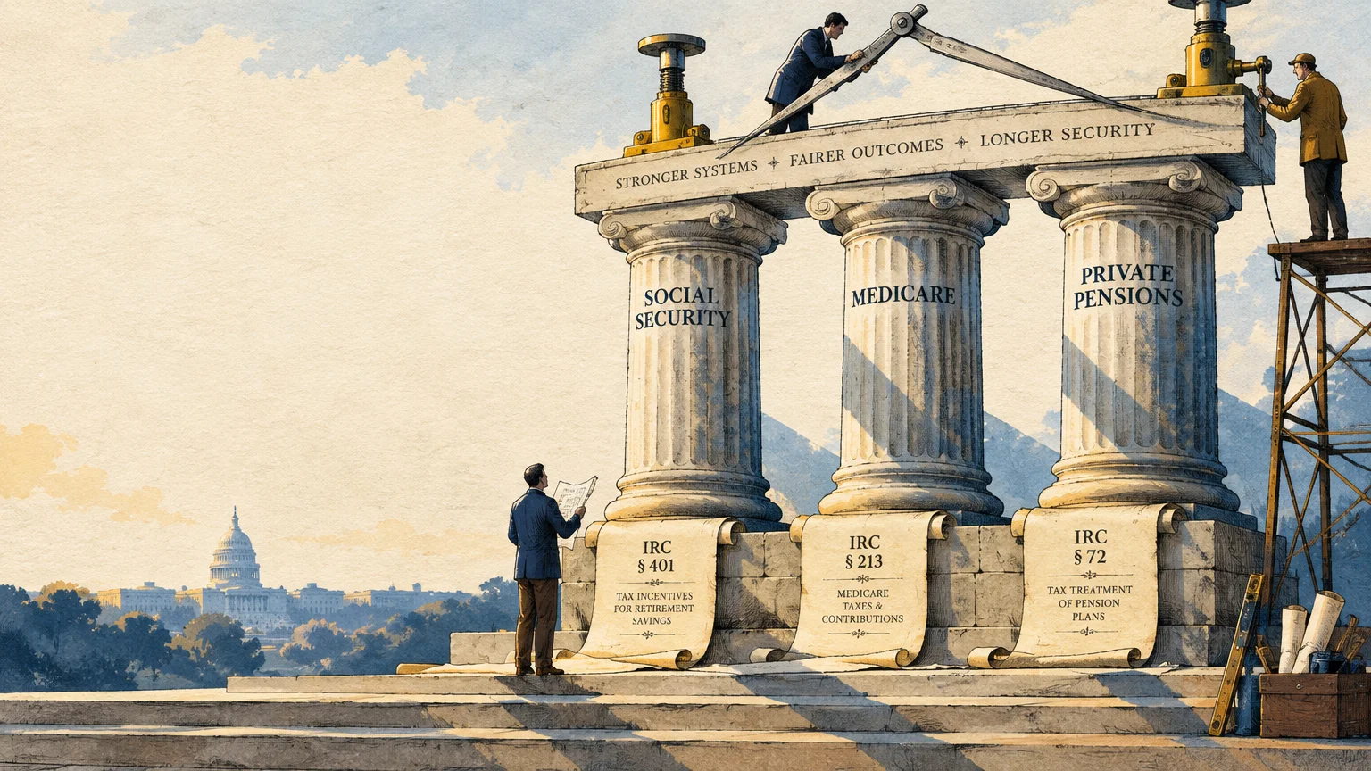 Illustration of three neoclassical pillars labeled Social Security, Medicare, and Private Pensions under construction.