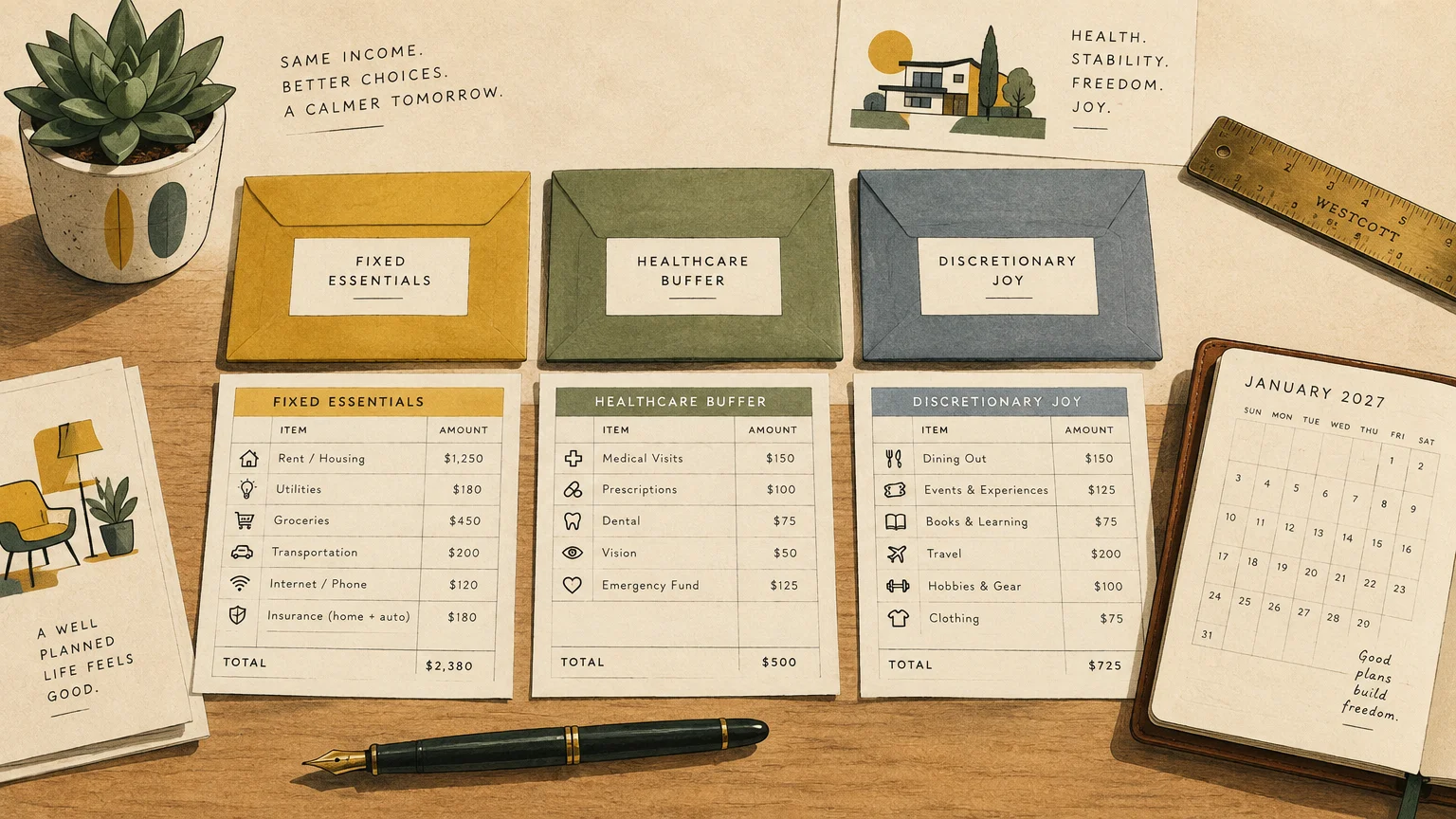 Envelopes, itemized budget cards for essentials, healthcare, and discretionary spending, a planner, pen, and succulent.