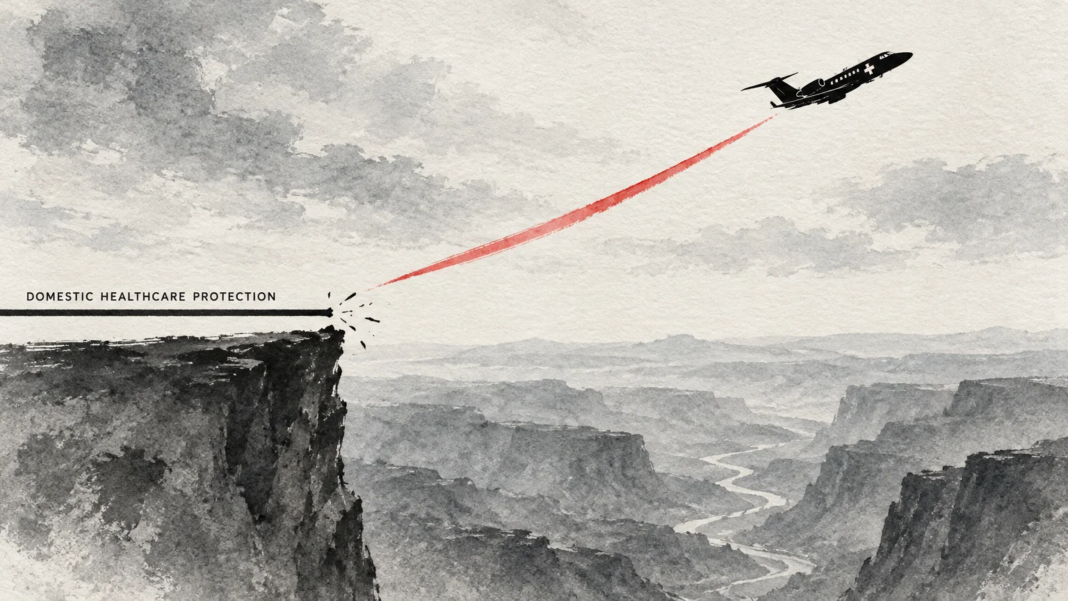 Illustration of a medical plane flying over a canyon where a domestic healthcare protection line abruptly ends.