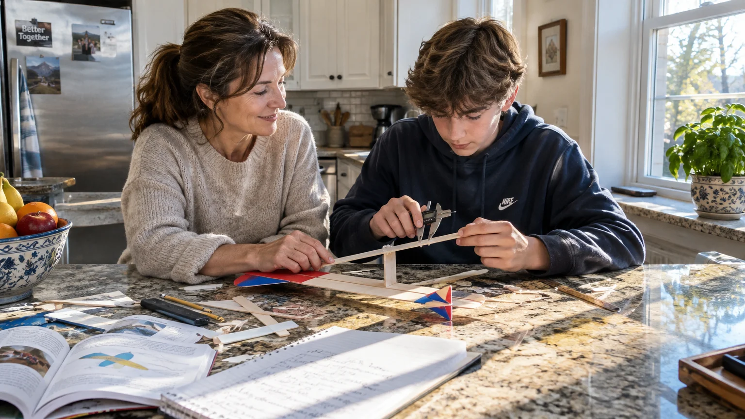 A woman and a teenage boy build a balsa wood model airplane together at a sunlit kitchen island.